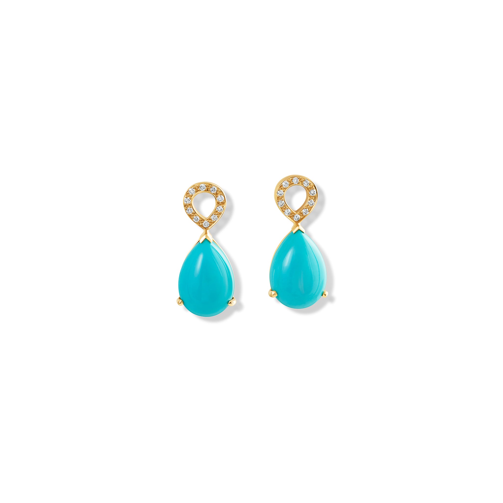 Handcrafted yellow gold earring drops with diamonds and cabochon turquoise teardrop shaped gemstones.