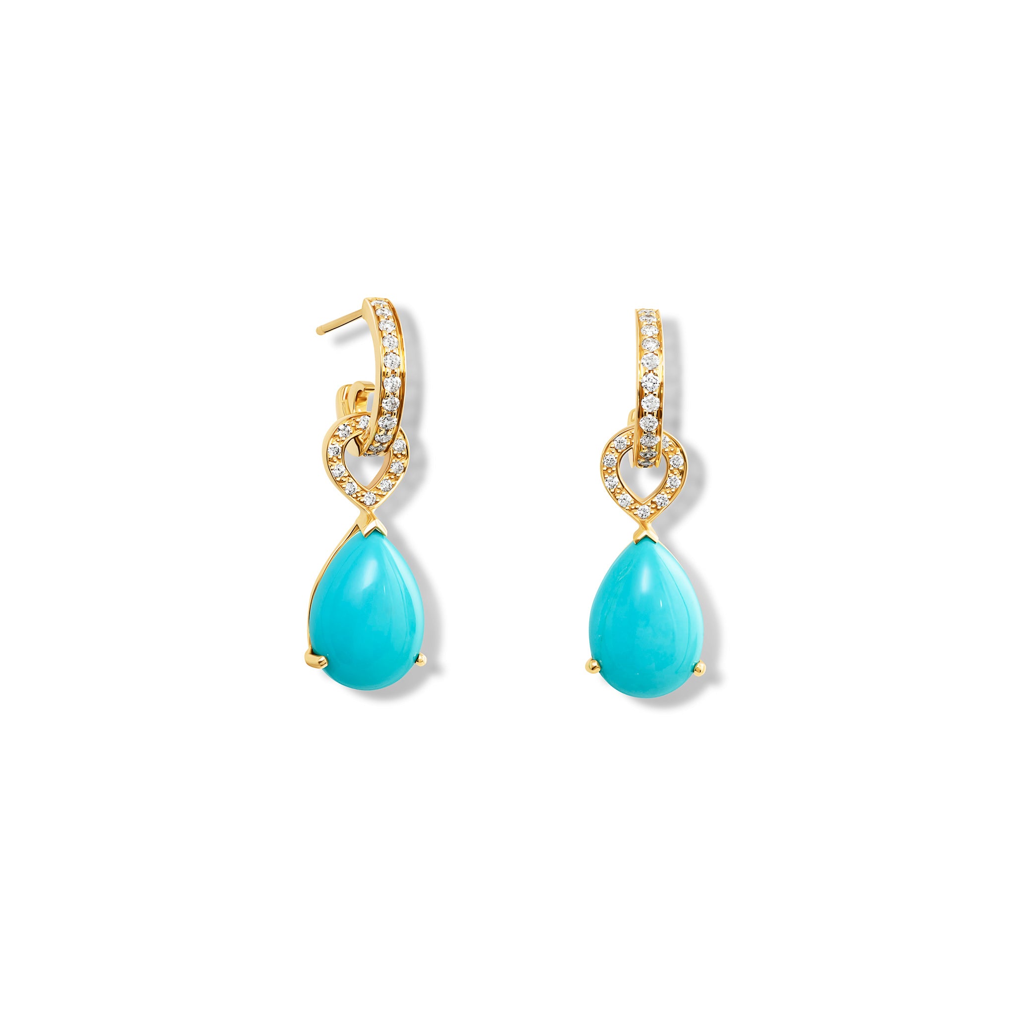 Handcrafted yellow gold earring drops with diamonds and cabochon turquoise teardrop shaped gemstones.