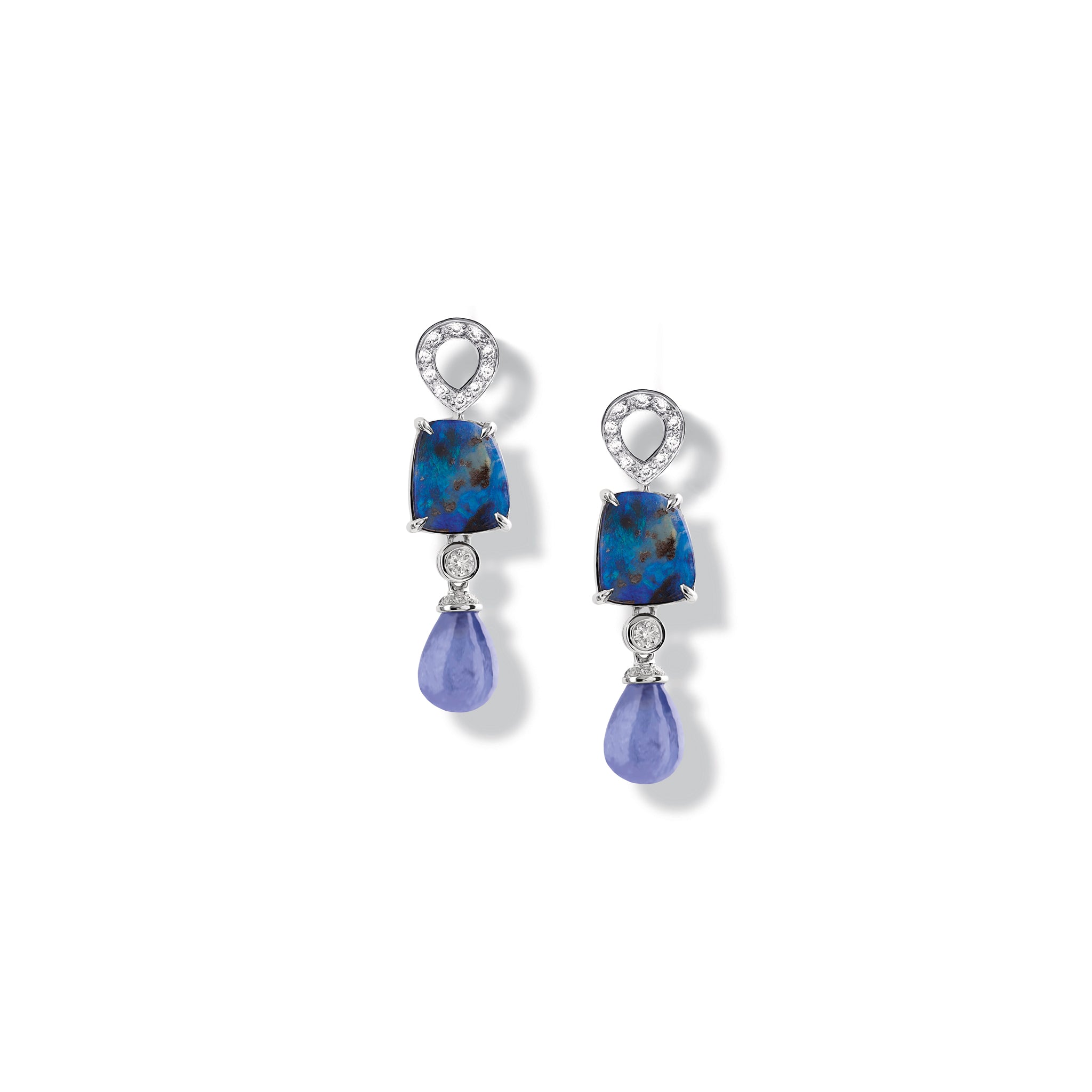 Handcrafted 18ct white gold earring drops featuring drops of blue opal and tanzanite with diamonds.
