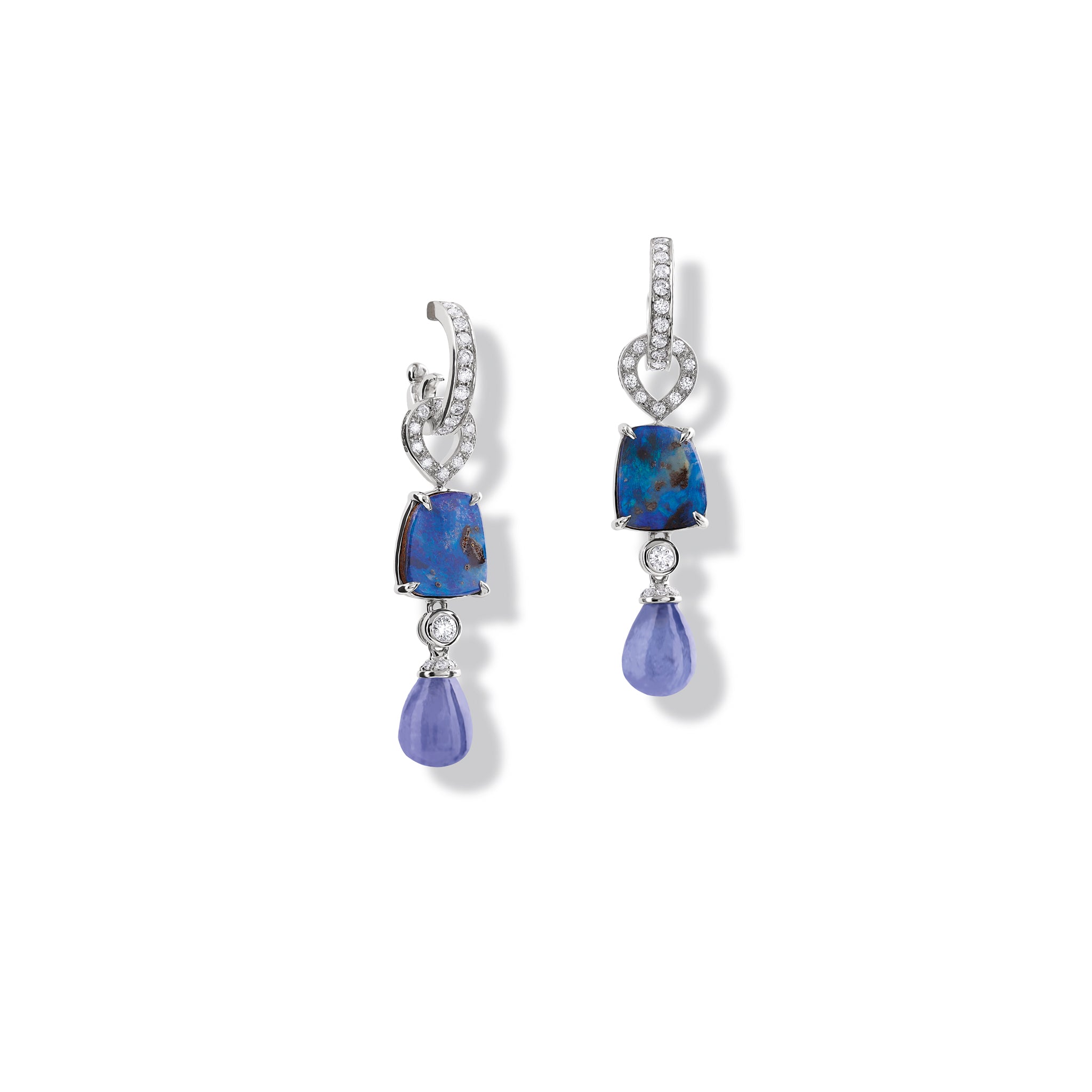 Handcrafted 18ct white gold earring drops featuring drops of blue opal and tanzanite with diamonds.