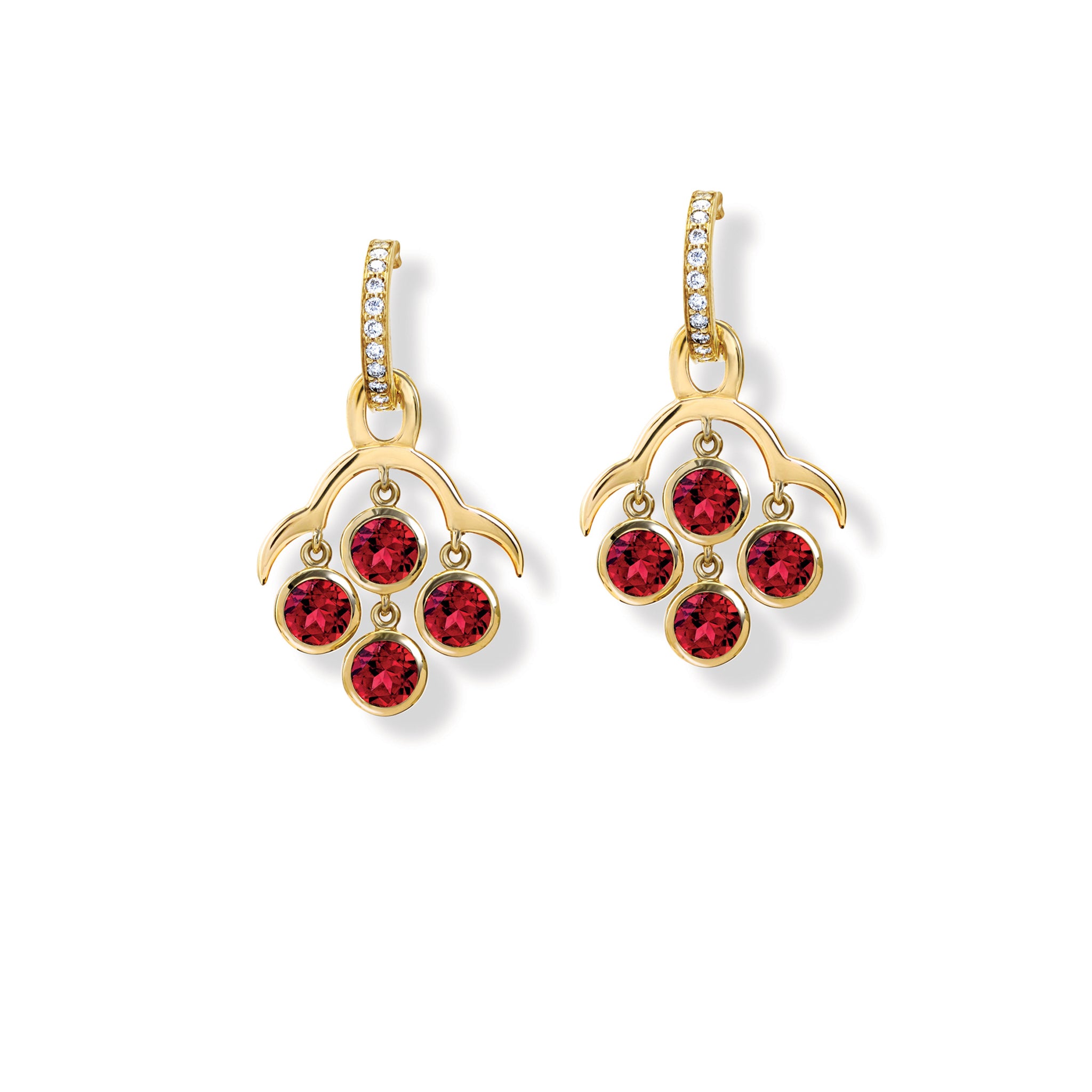 Handcrafted yellow gold earring drops inspired by acai berries featuring four garnet gemstones, on Astrea hoops.