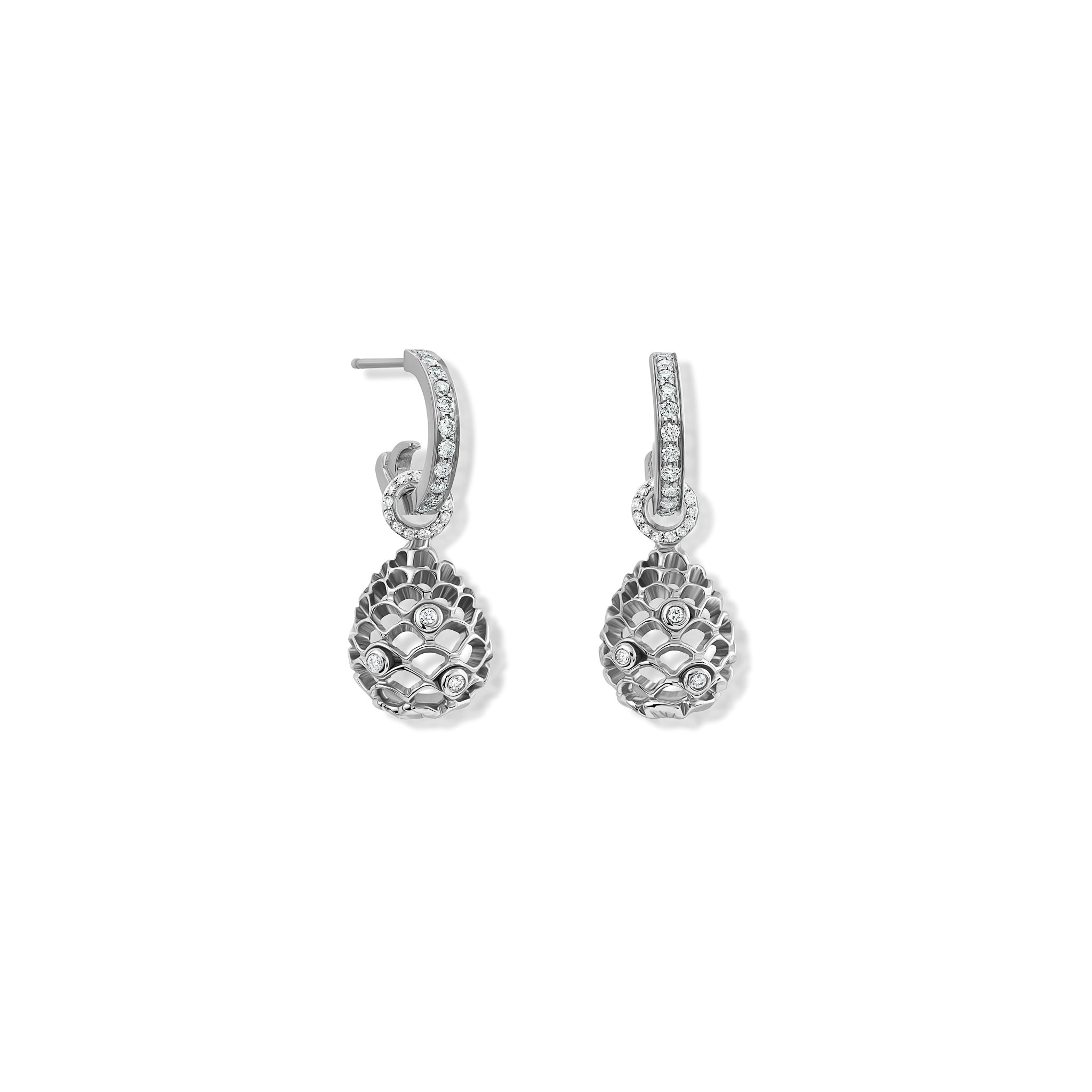 Handcrafted white gold earring drops featuring a pinecone frame with diamonds.