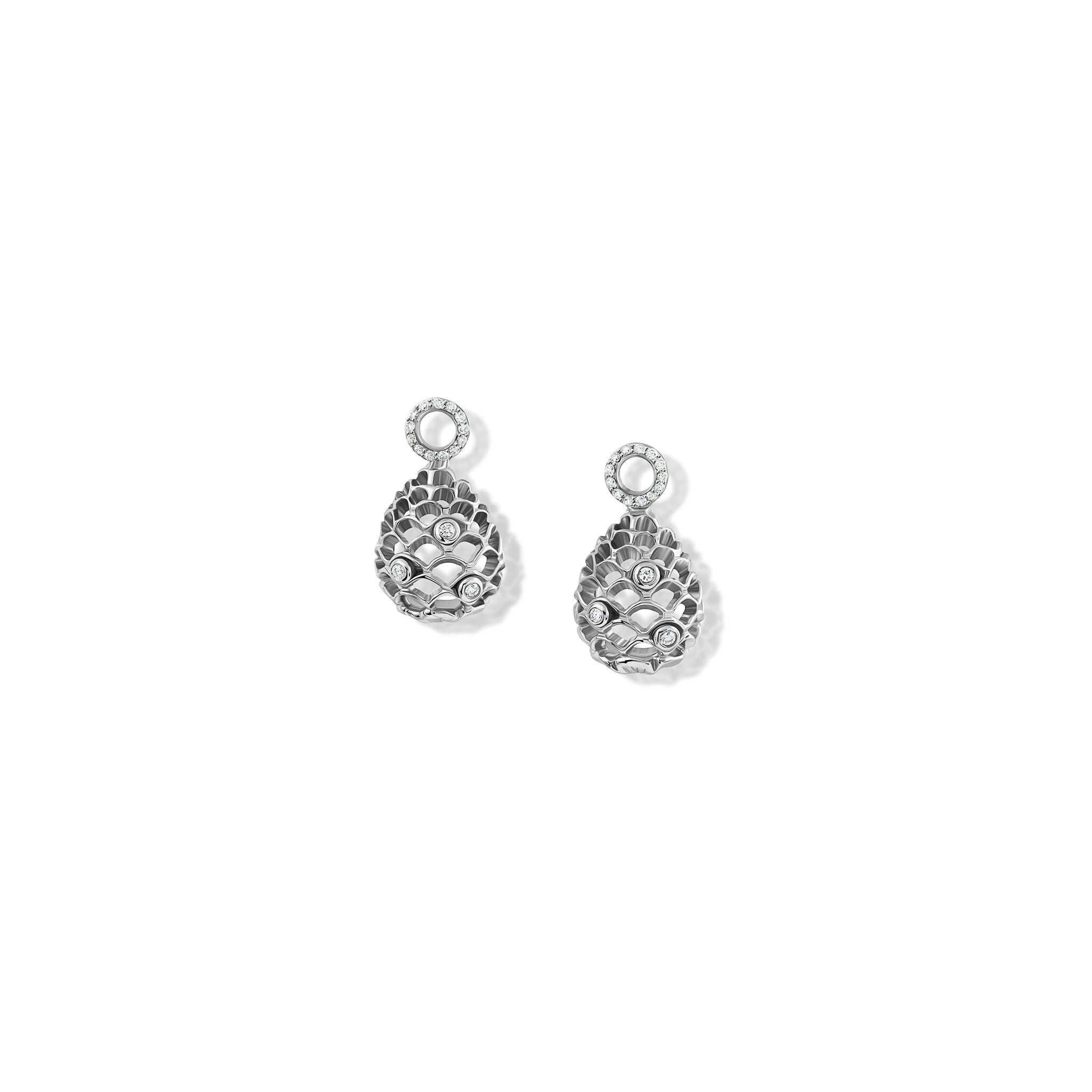 Handcrafted white gold earring drops featuring a pinecone frame with diamonds.