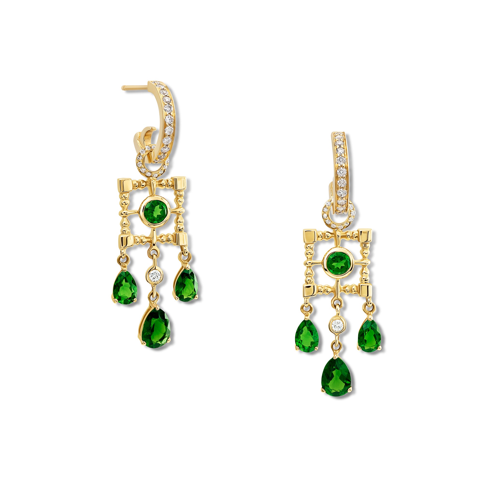 Handcrafted earring drops in yellow gold featuring a teardrop-shaped design with chrome diopside.
