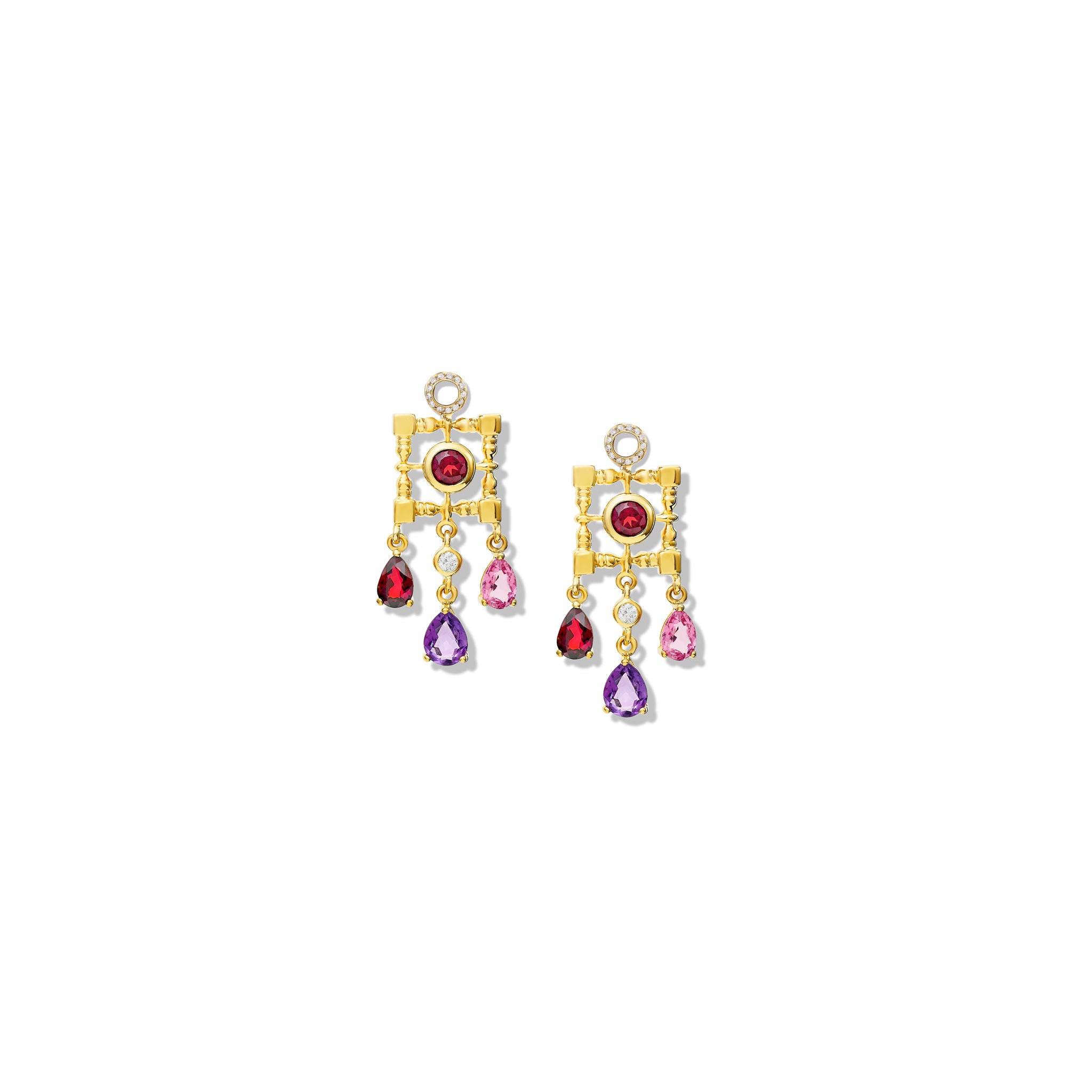 Handcrafted yellow gold earring drops featuring a square frame and drop gemstones of garnet, amethyst, pink tourmaline and diamond.