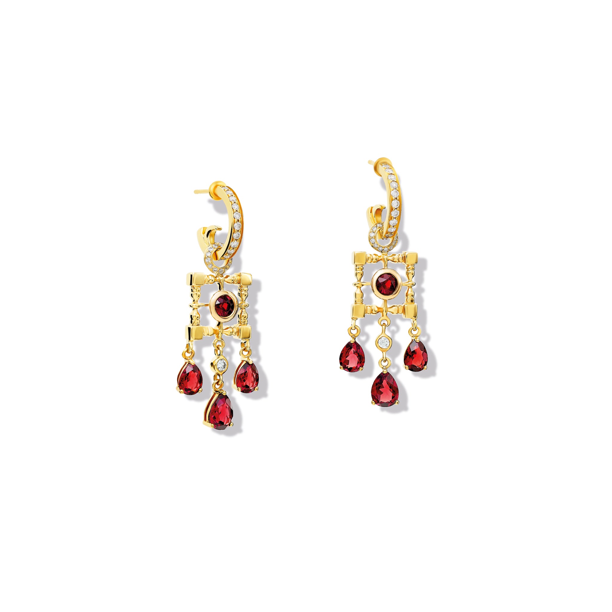Handcrafted yellow gold earring drops featuring a teardrop-shaped design with garnet, birthstone of January.