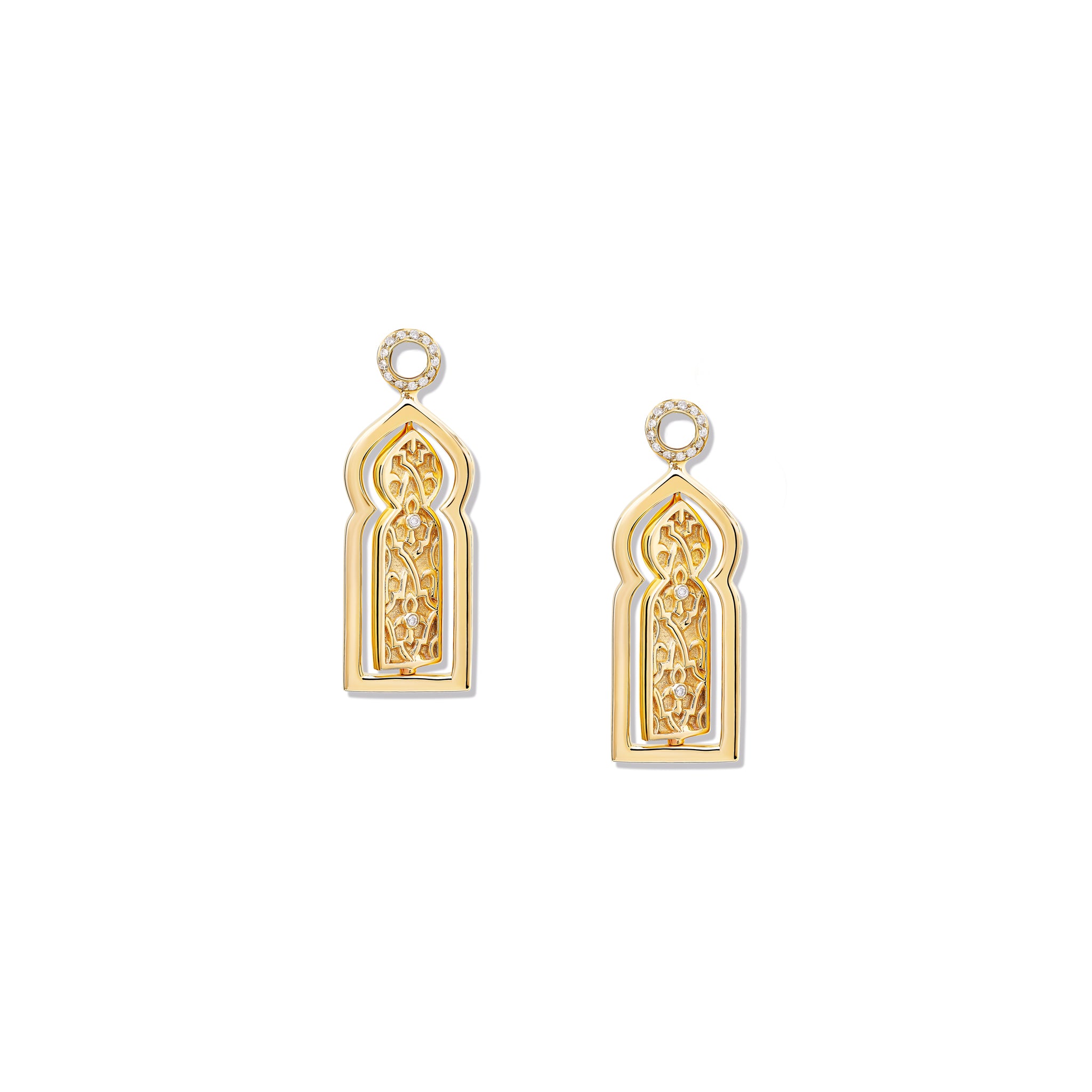 Handcrafted yellow gold earring drops featuring a narrow door with diamonds.
