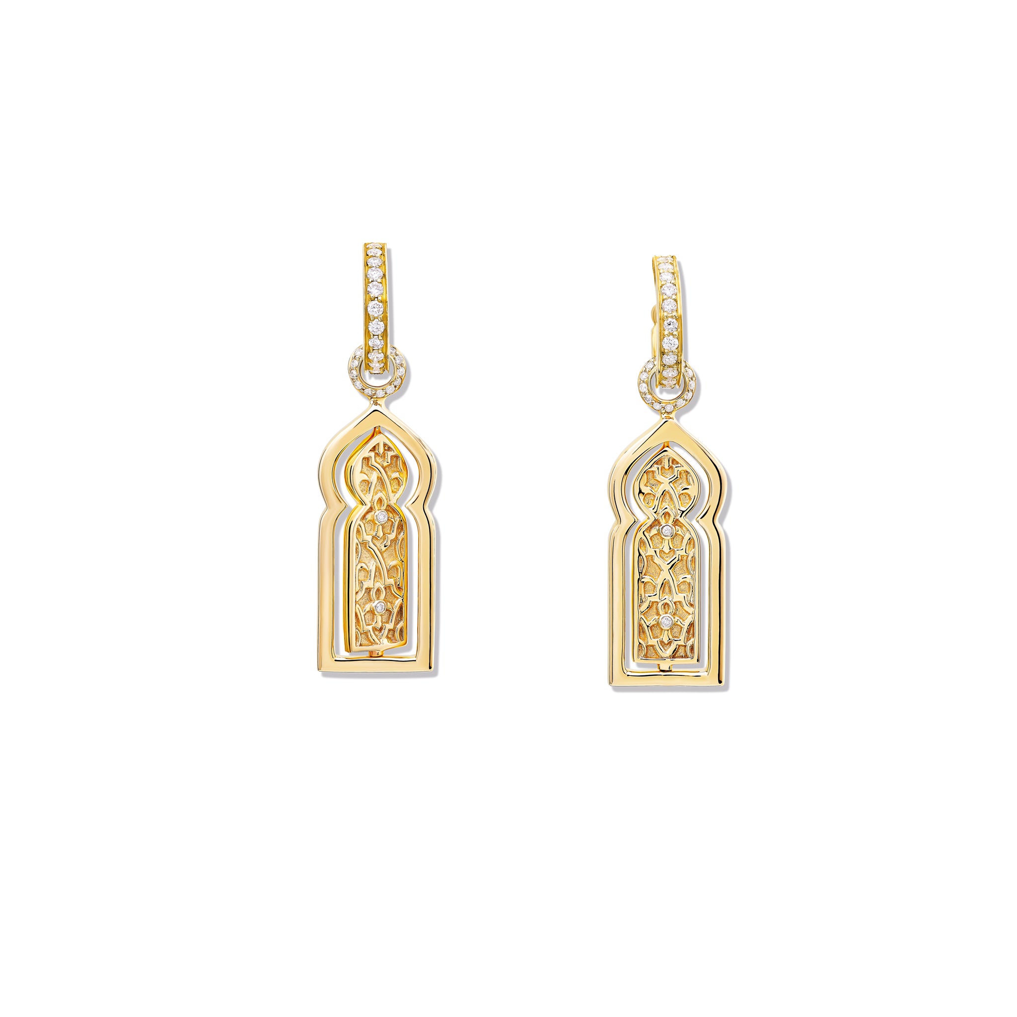 Handcrafted yellow gold earring drops featuring a narrow door with diamonds.