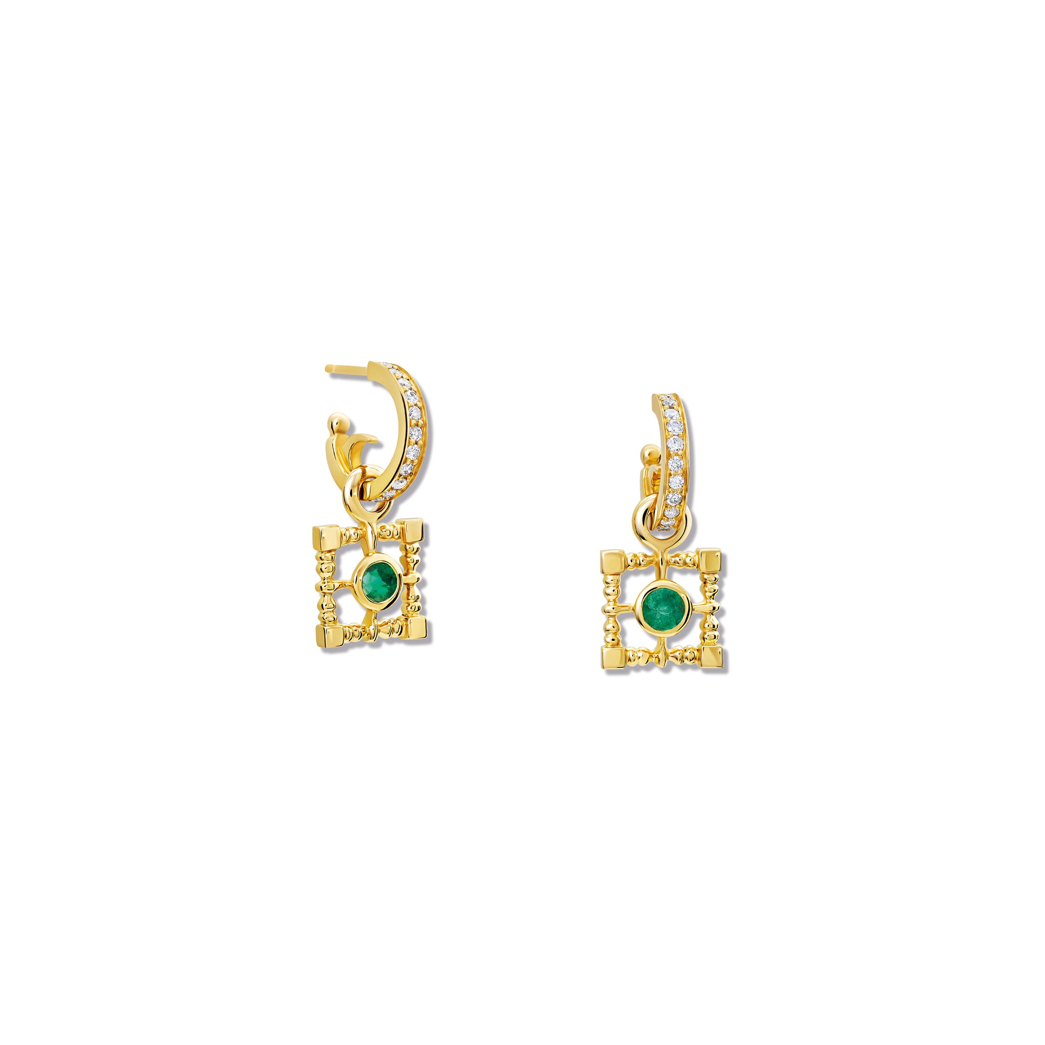 Handcrafted yellow gold earring drops featuring a square-shaped frame with a central emerald, birthstone of May.