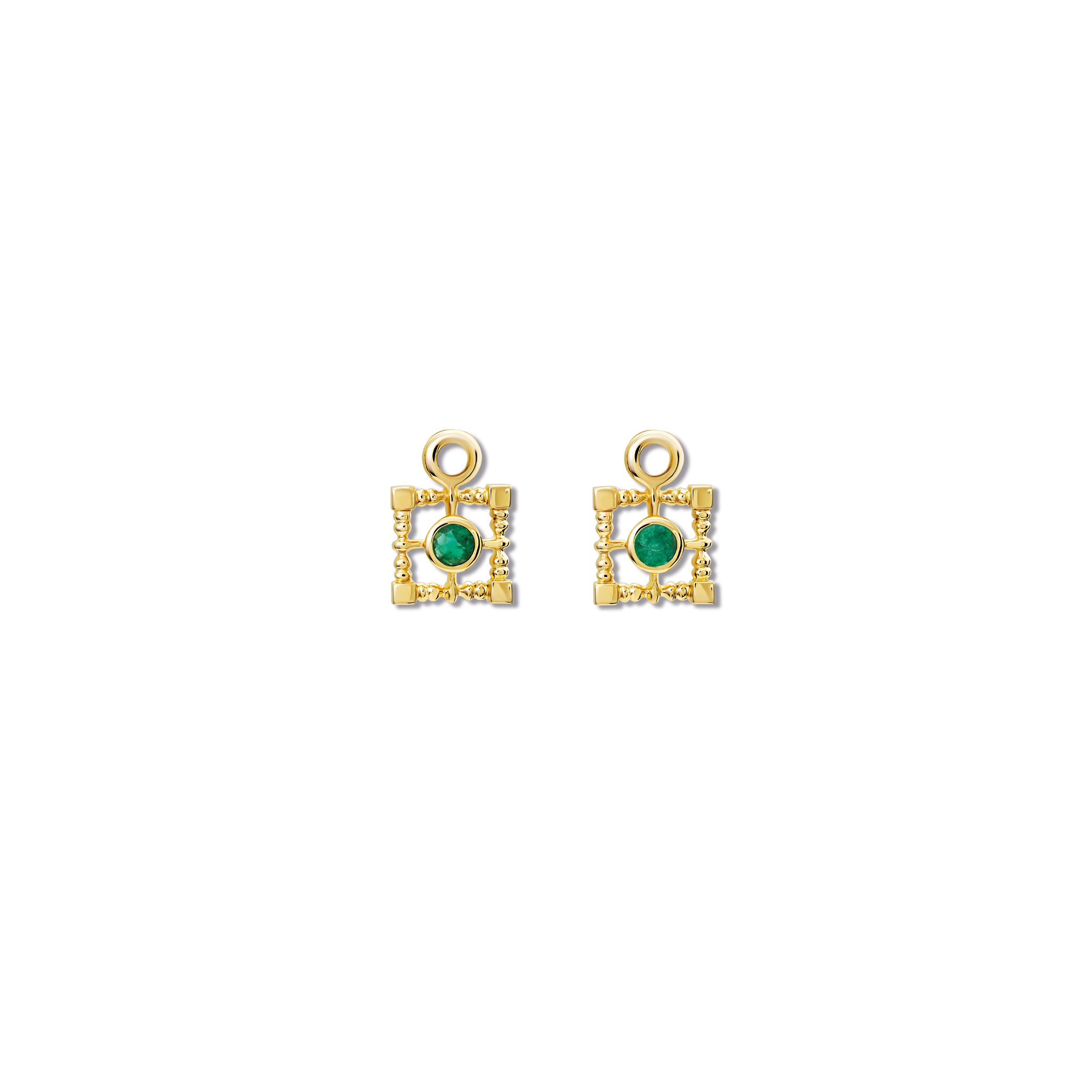 Handcrafted yellow gold earring drops featuring a square-shaped frame with a central emerald, birthstone of May.