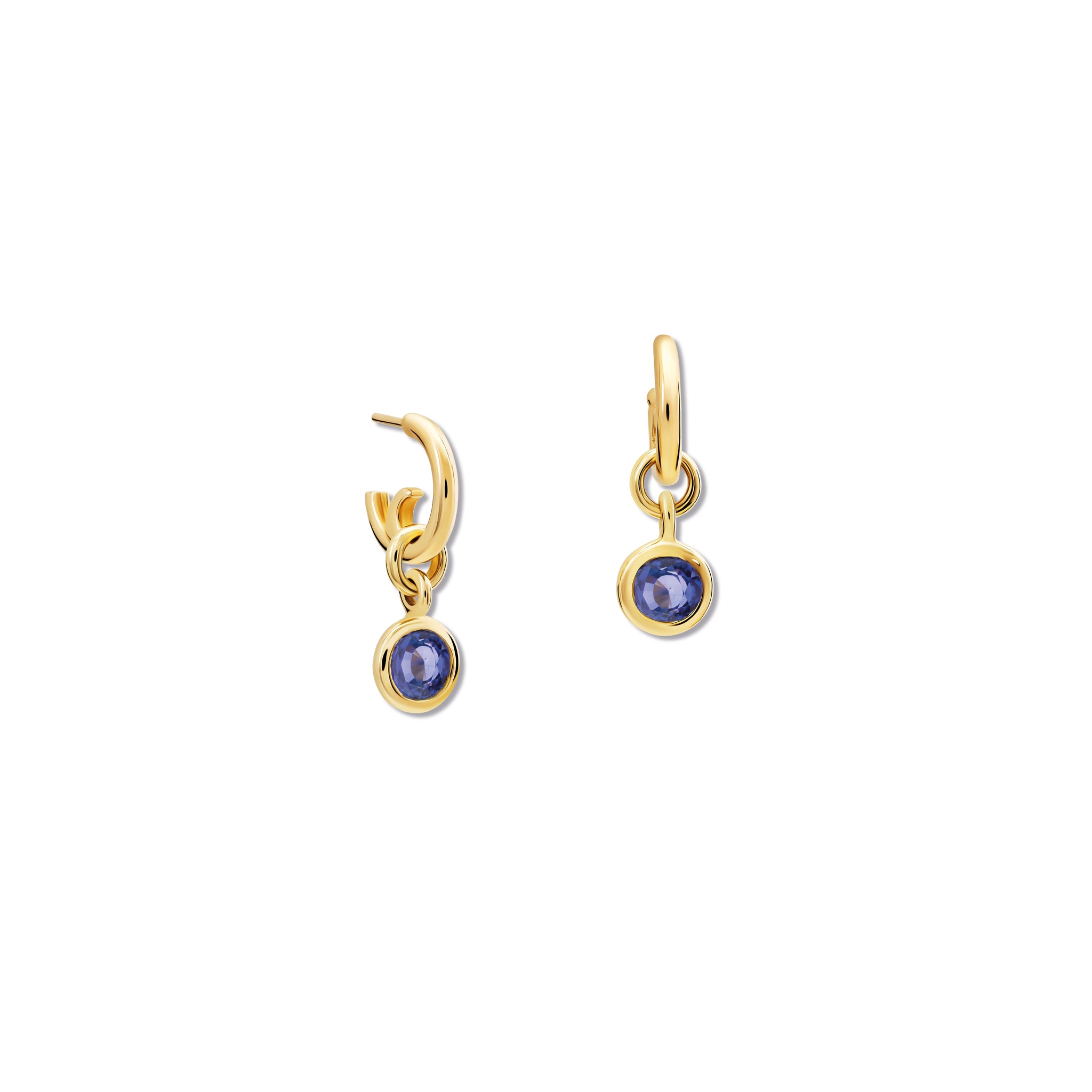Handcrafted round yellow gold earring drops with sapphire, birthstone of February.