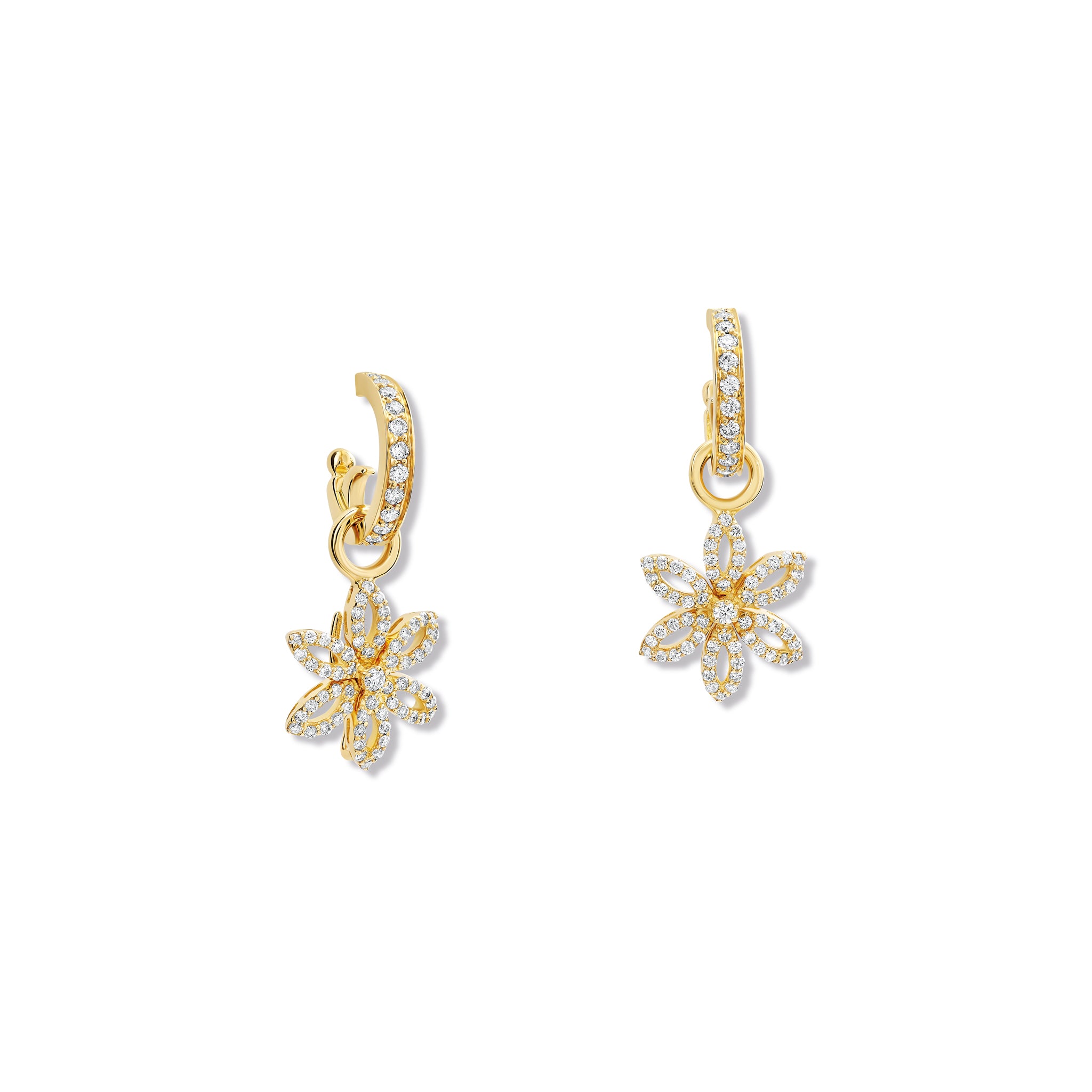 Handcrafted 18ct yellow gold flower-shaped earring drops set with diamonds, birthstone of April, hanging from hoop earrings.