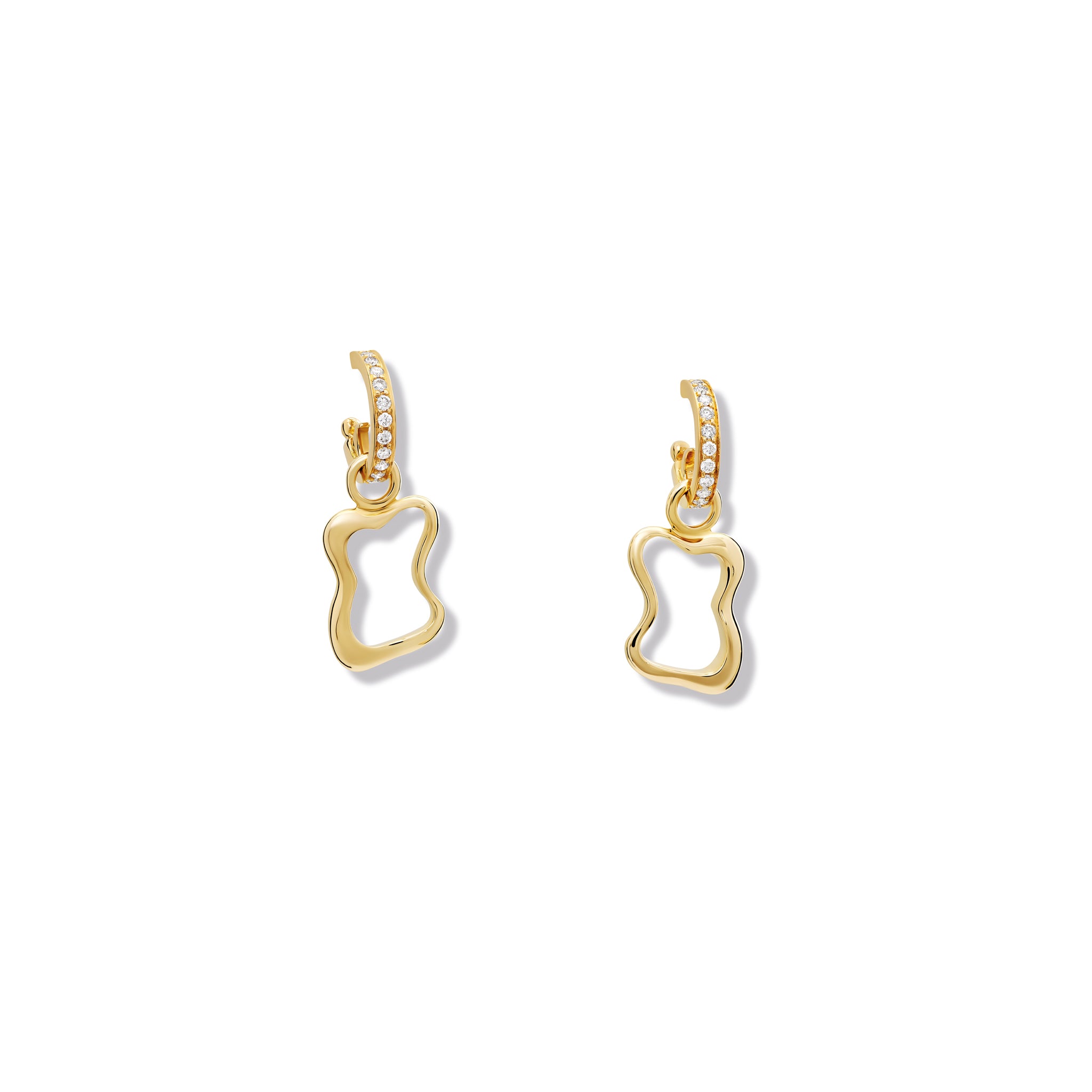 Handcrafted yellow gold earring drops feauring the outline of the french pastries: pain au chocolat.