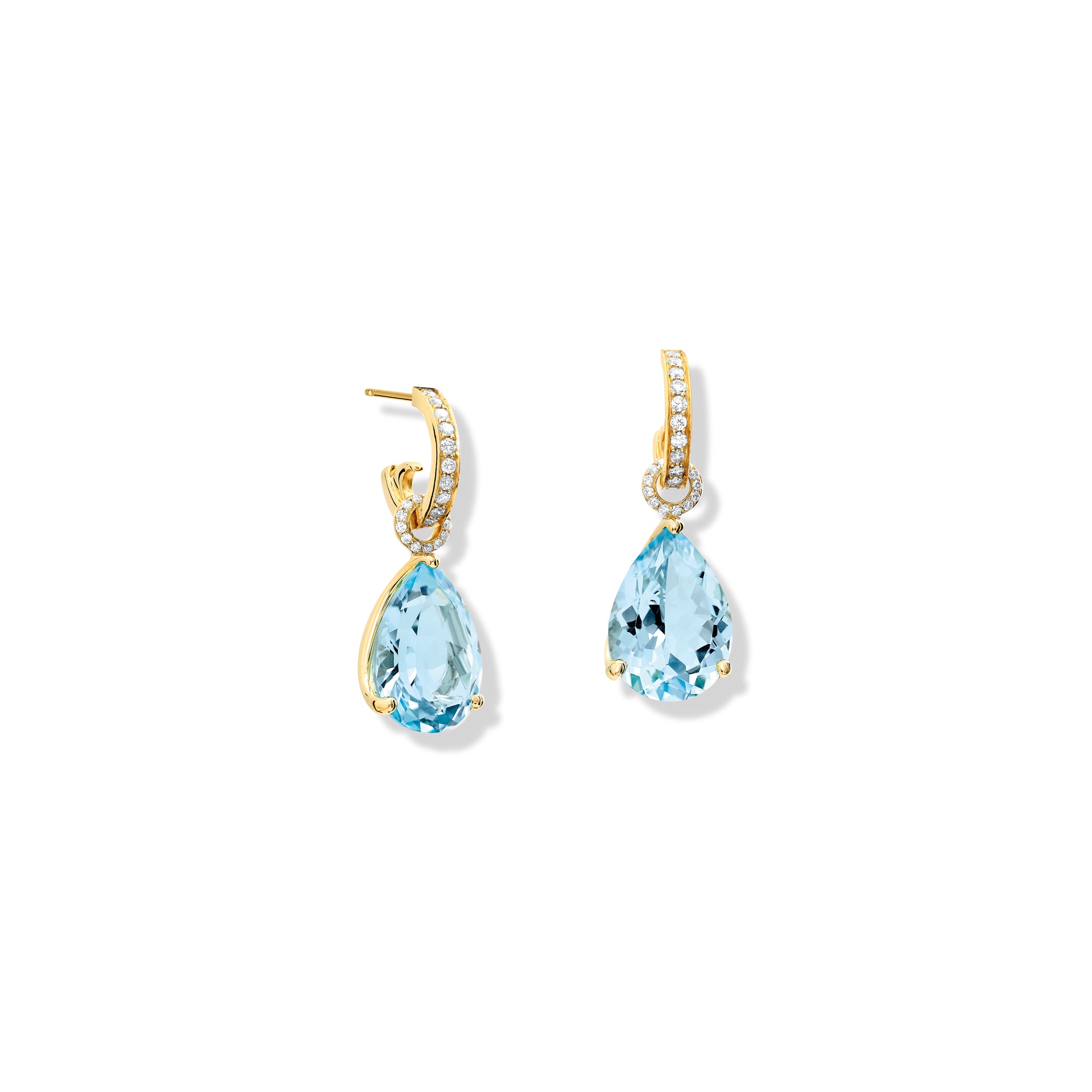 Handcrafted yellow gold earring drops with teardrop shaped blue topaz and diamond.