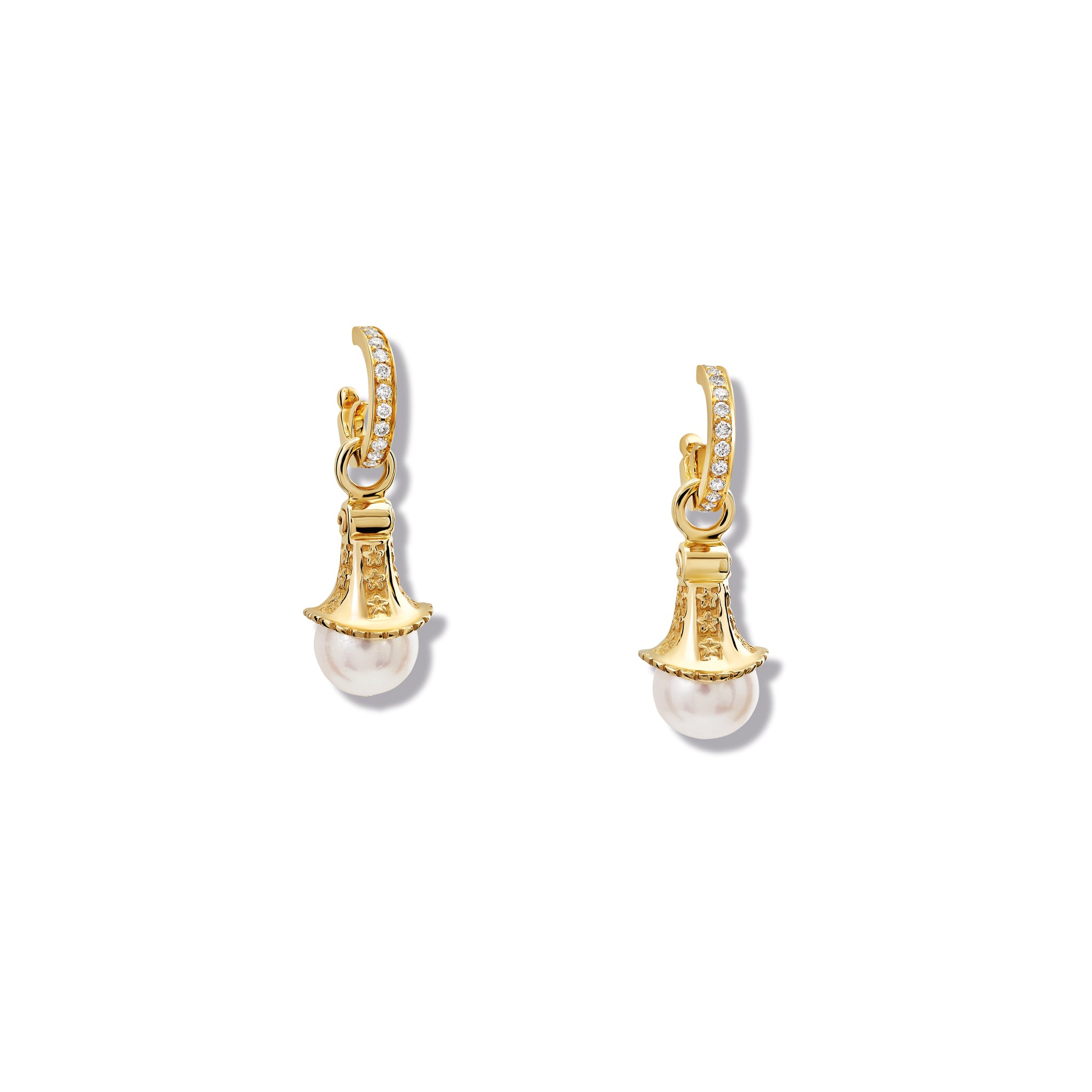Handcrafted yellow gold earring drops with pearls, birthstone of June.