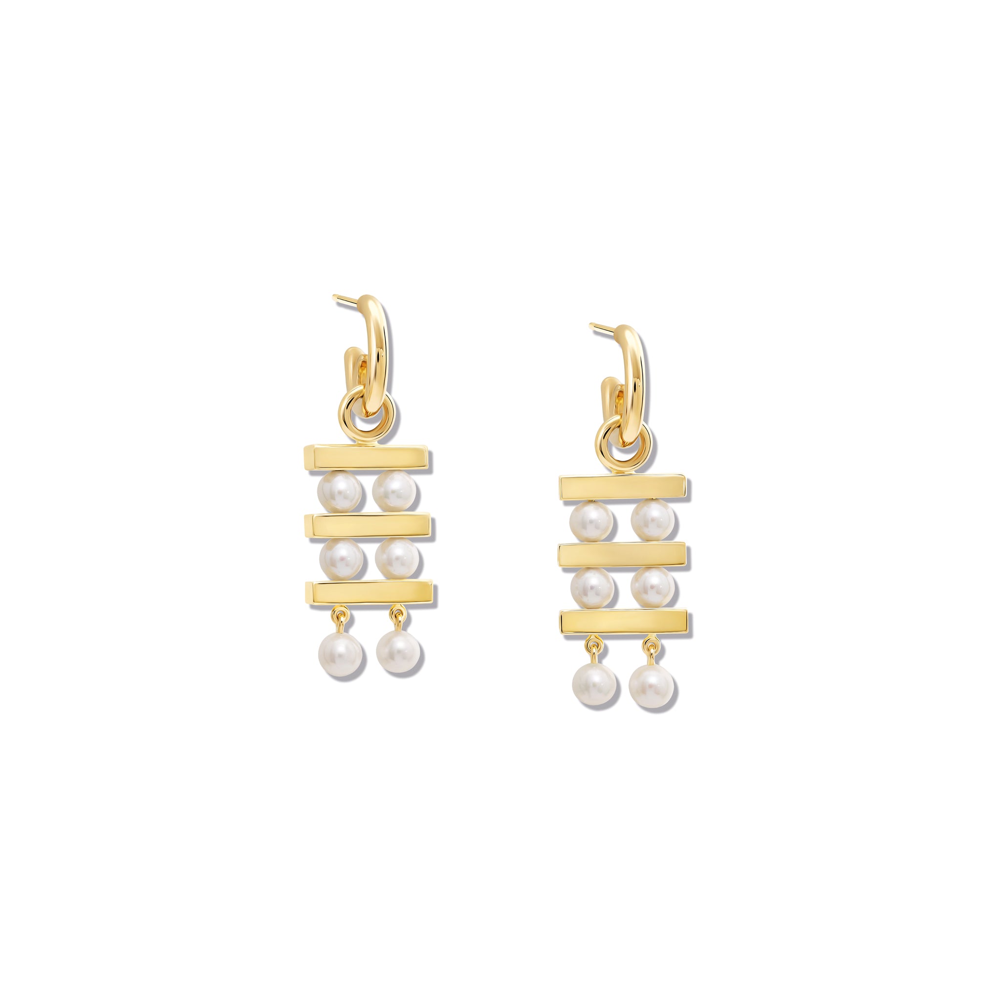 Handcrafted yellow gold earring drops with three tiers of pearls separated by delicate gold lines.