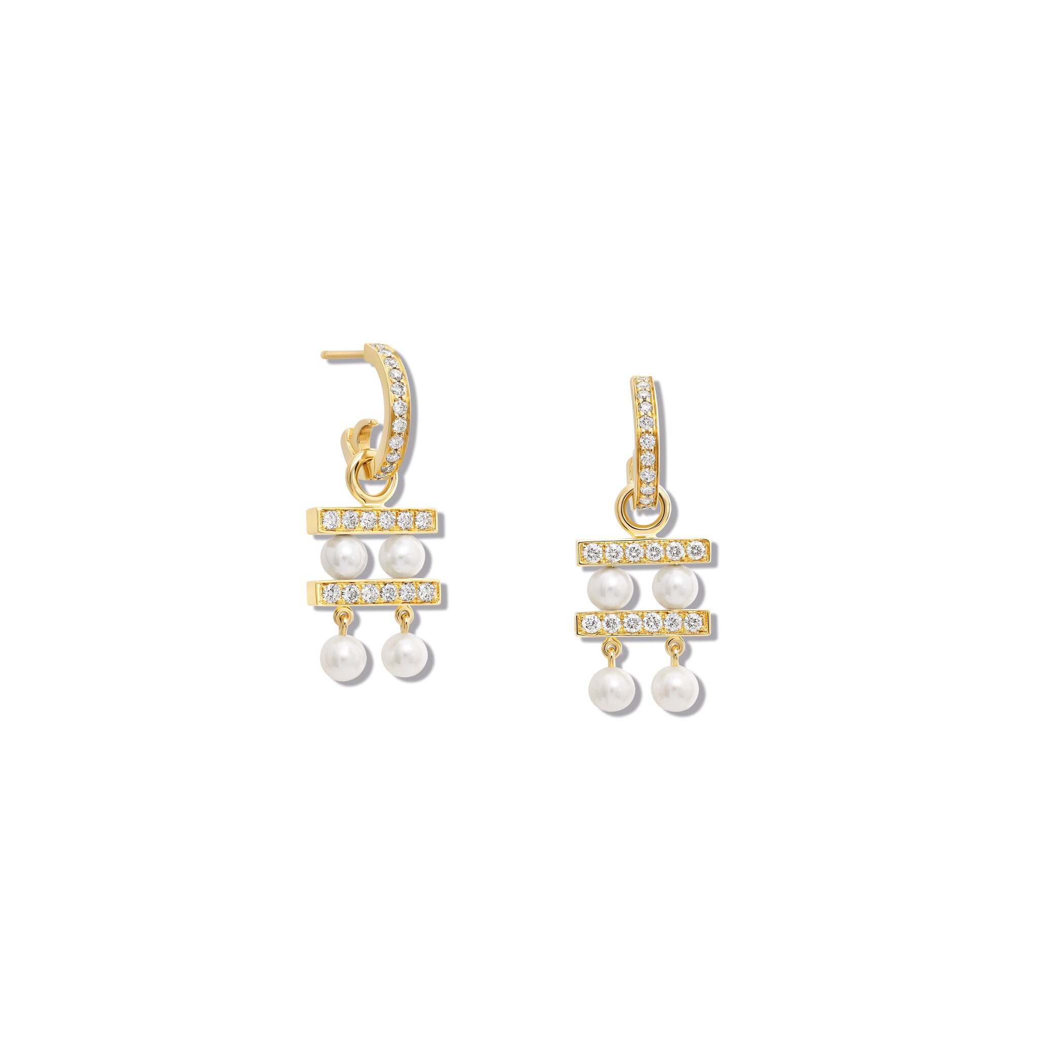 Handcrafted yellow gold earring drops with two tiers of pearls separated by delicate gold lines adorned with diamond pavé.