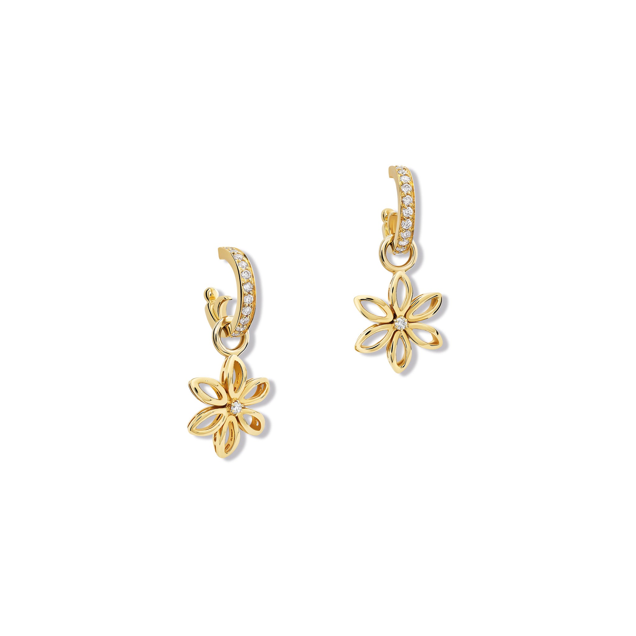 Handcrafted yellow gold flower-shaped earrings drops designs set with diamonds, birthstone of April, hanging from hoop earrings.