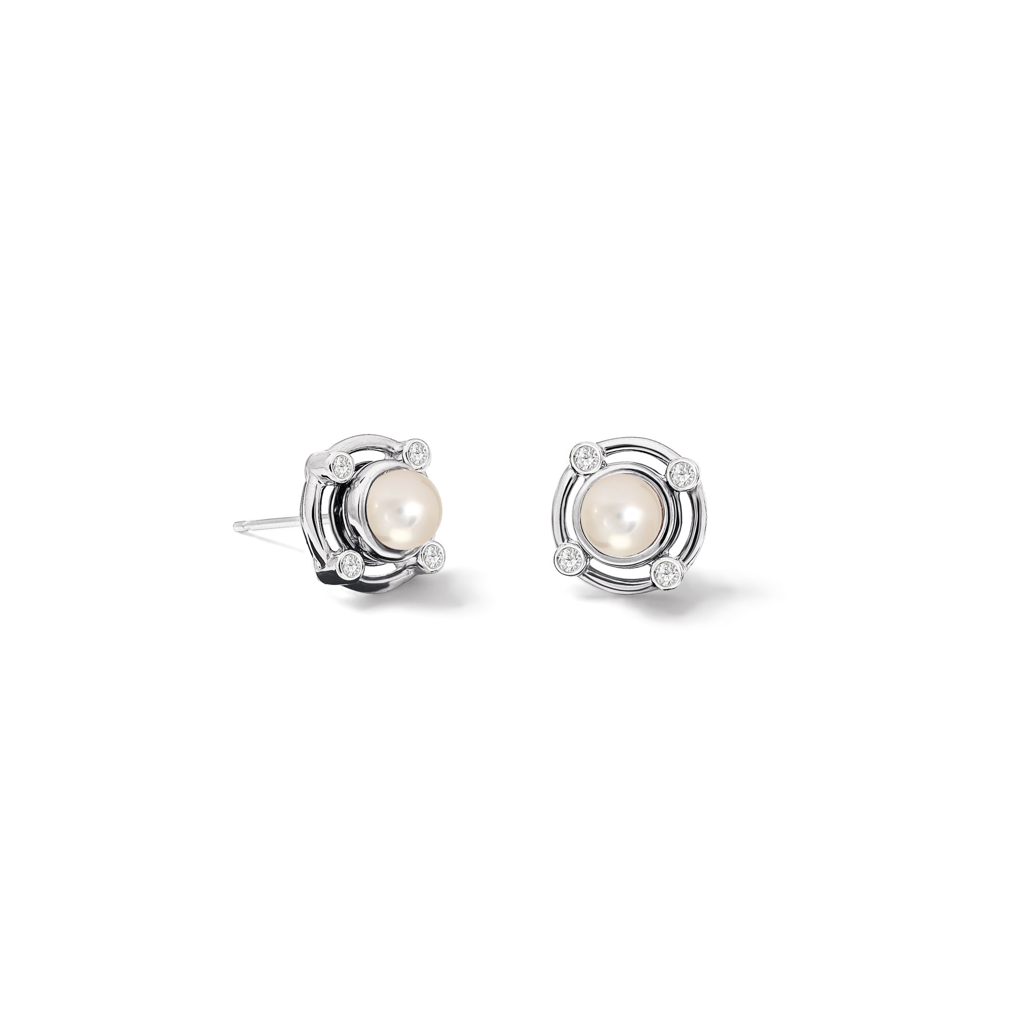Handcrafted white gold earring halos featuring four smaller round diamonds.