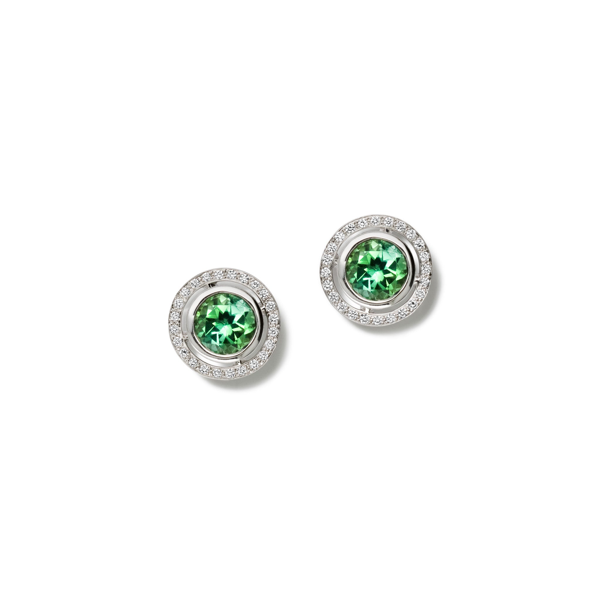Handcrafted 18ct white gold earring halos featuring a circular shape with diamonds.