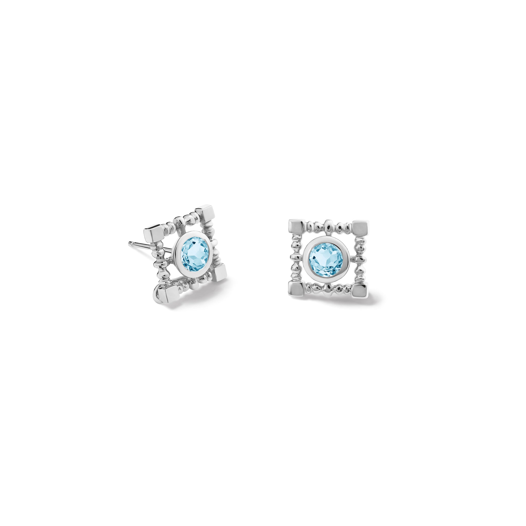 Handcrafted sterling silver earring halos featuring a square shaped frame.