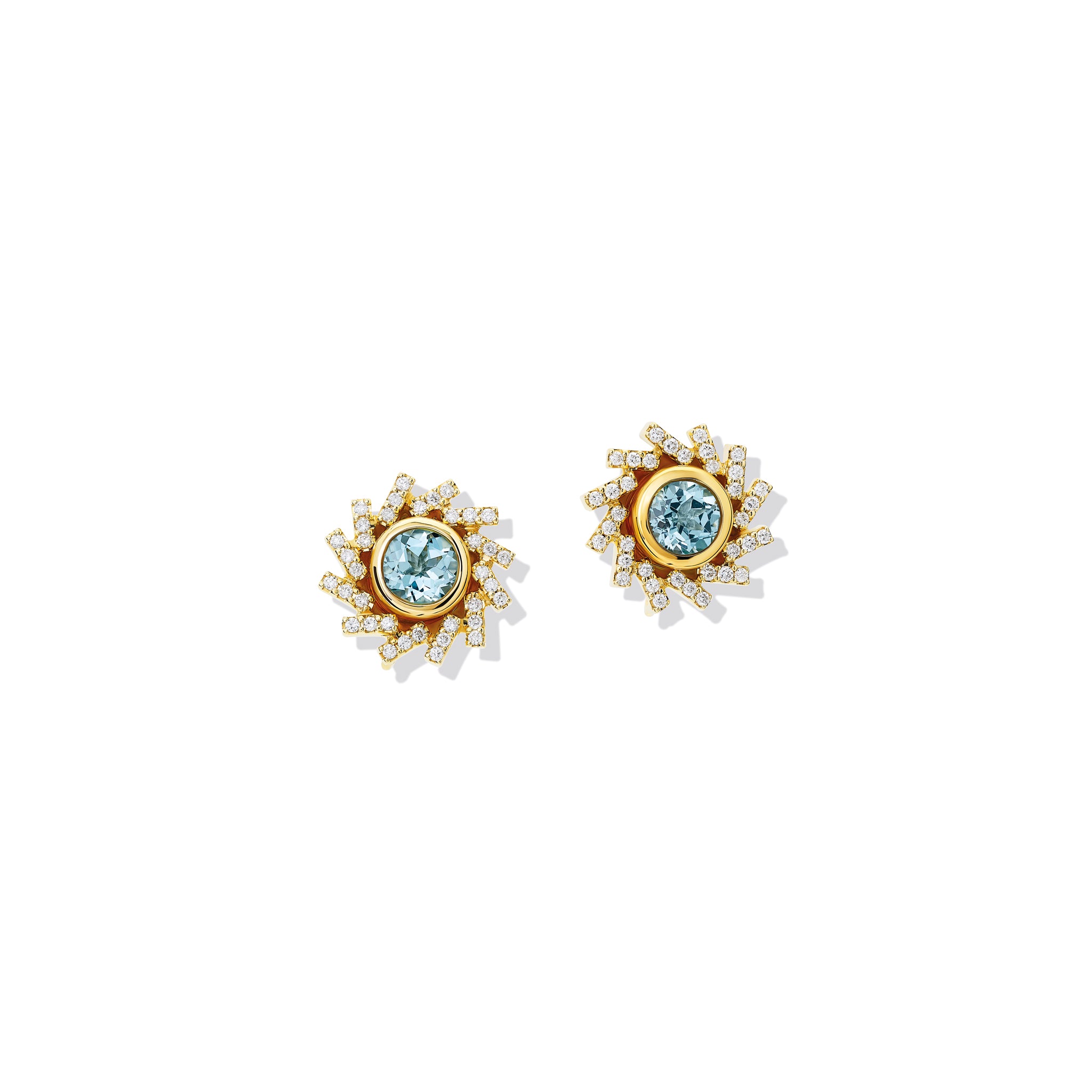 Handcrafted yellow gold earring halos featuring a circular shape of diagonal lines with diamonds.