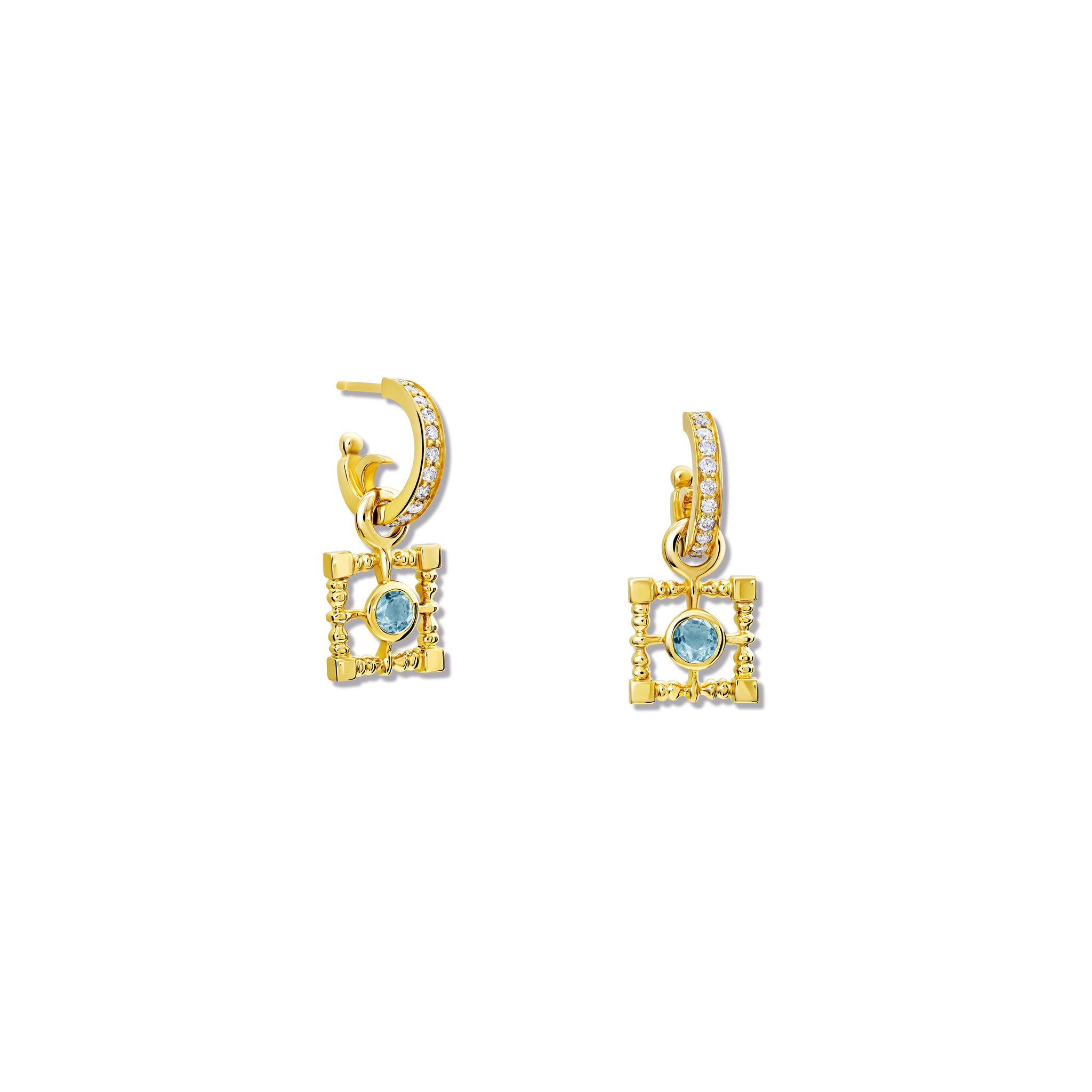 Handcrafted yellow gold earring drops featuring a square-shaped frame with a central blue topaz, birthstone of November.