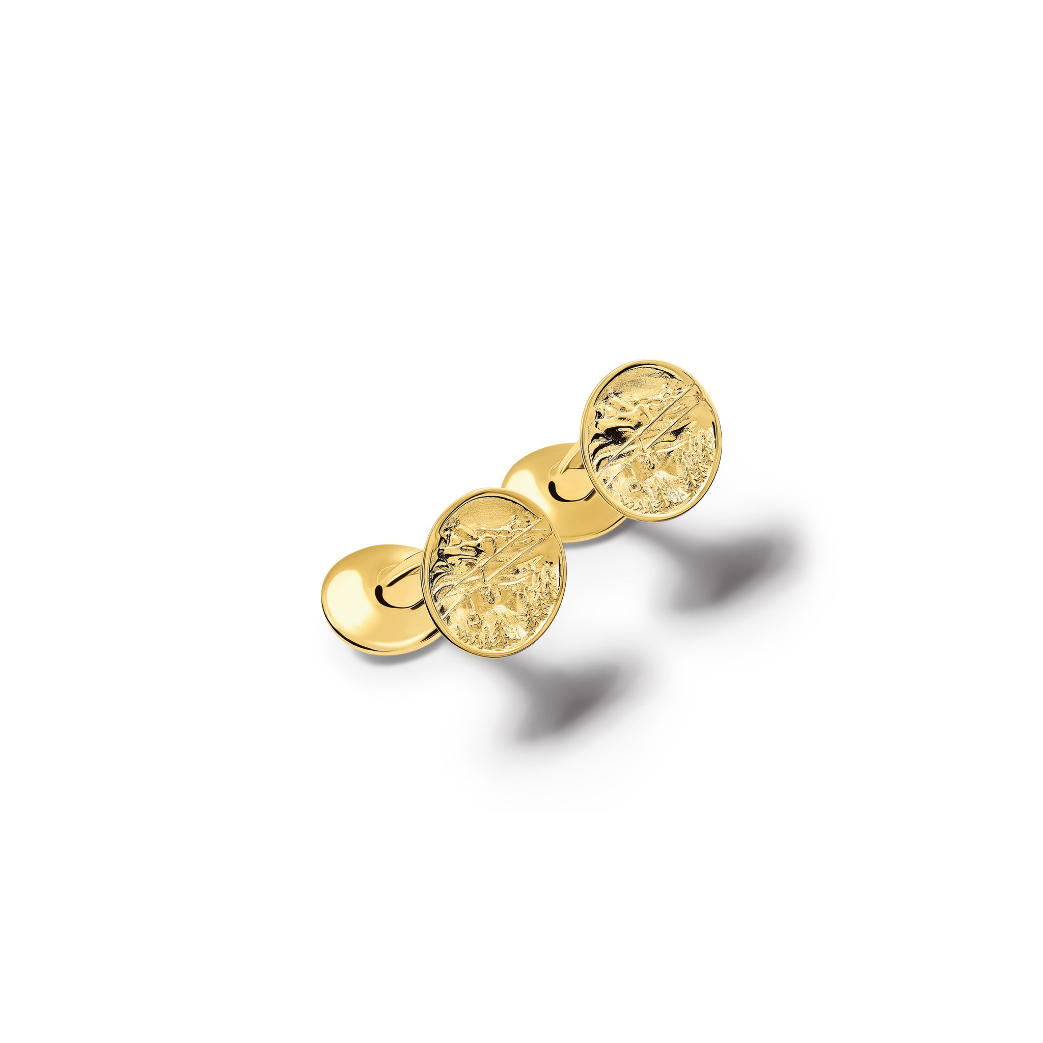 Handcrafted yellow gold single ended cufflinks 'en relief' with the mountains in France.