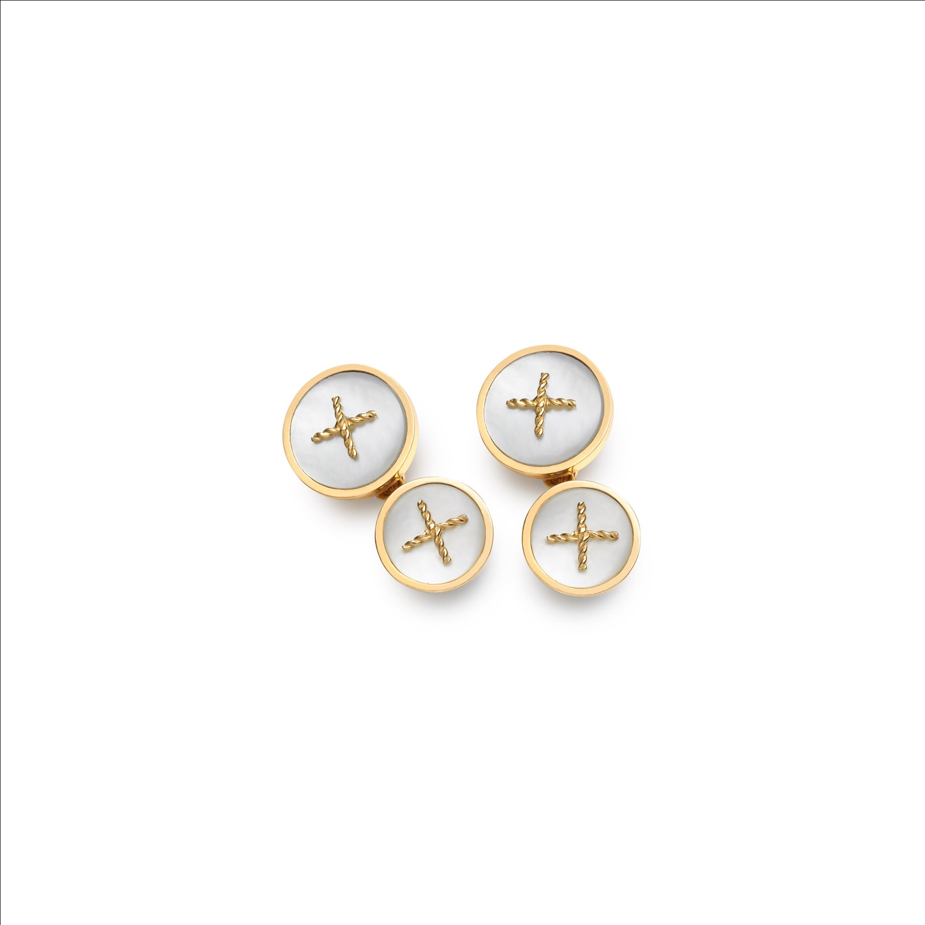 Handcrafted double ended cufflinks in yellow gold featuring pearl, birthstone of June, with golden details.