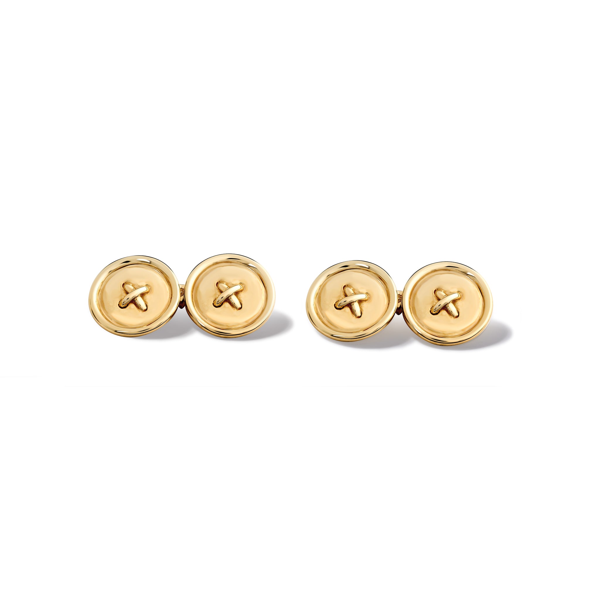 Handcrafted yellow gold double ended cufflinks featuring a stitched button shape.