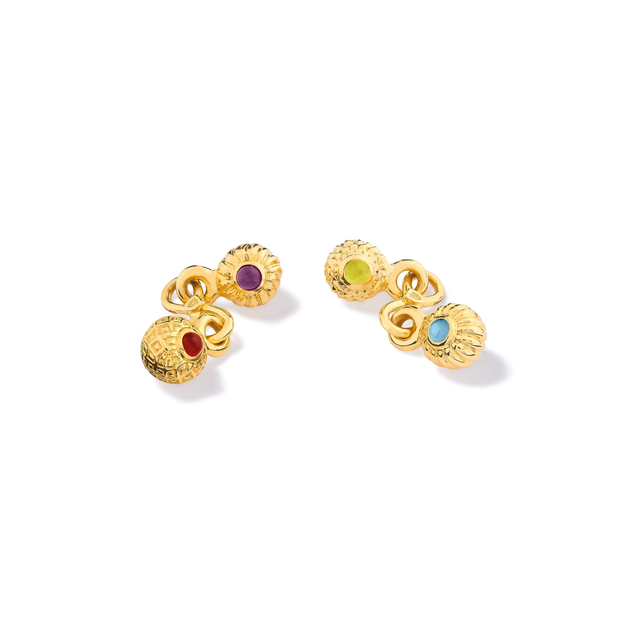 Handcrafted double-ended cufflinks in 9ct yellow gold with cabochon amethyst, garnet, peridot and blue topaz set in a textured  organic shape.