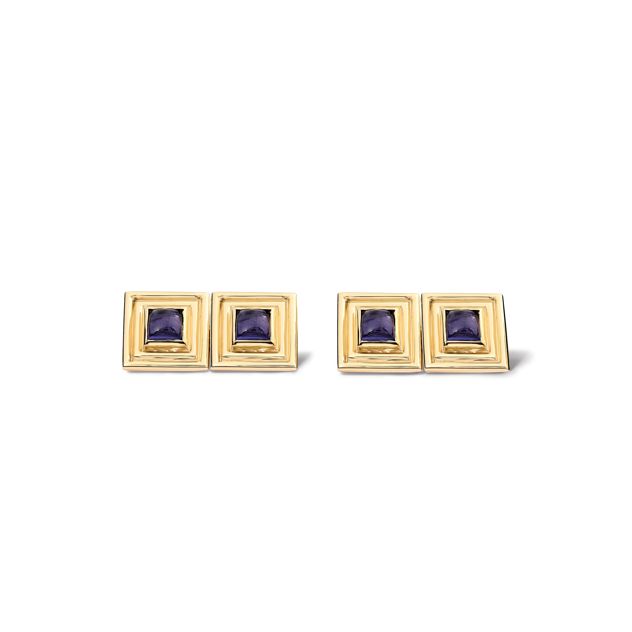Handcrafted yellow gold double ended cufflinks featuring a square shape with a central iolite.