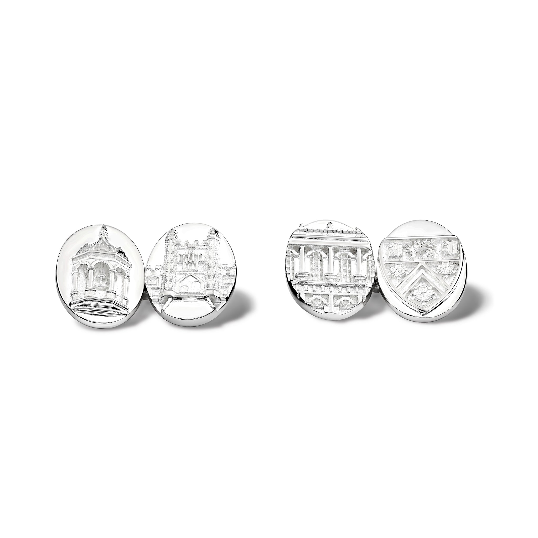 Handcrafted sterling silver cufflinks engraved with architecture of Trinity College.