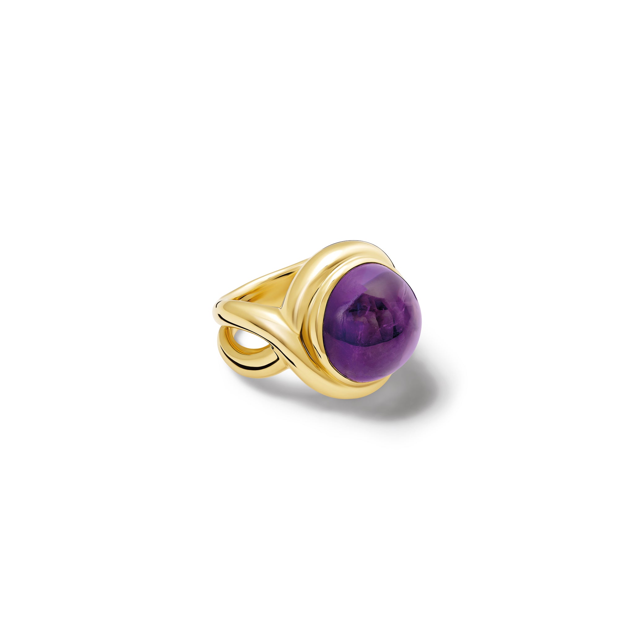 Handcrafted yellow gold ring featuring curved shanks with a round amethyst, birthstone of February.