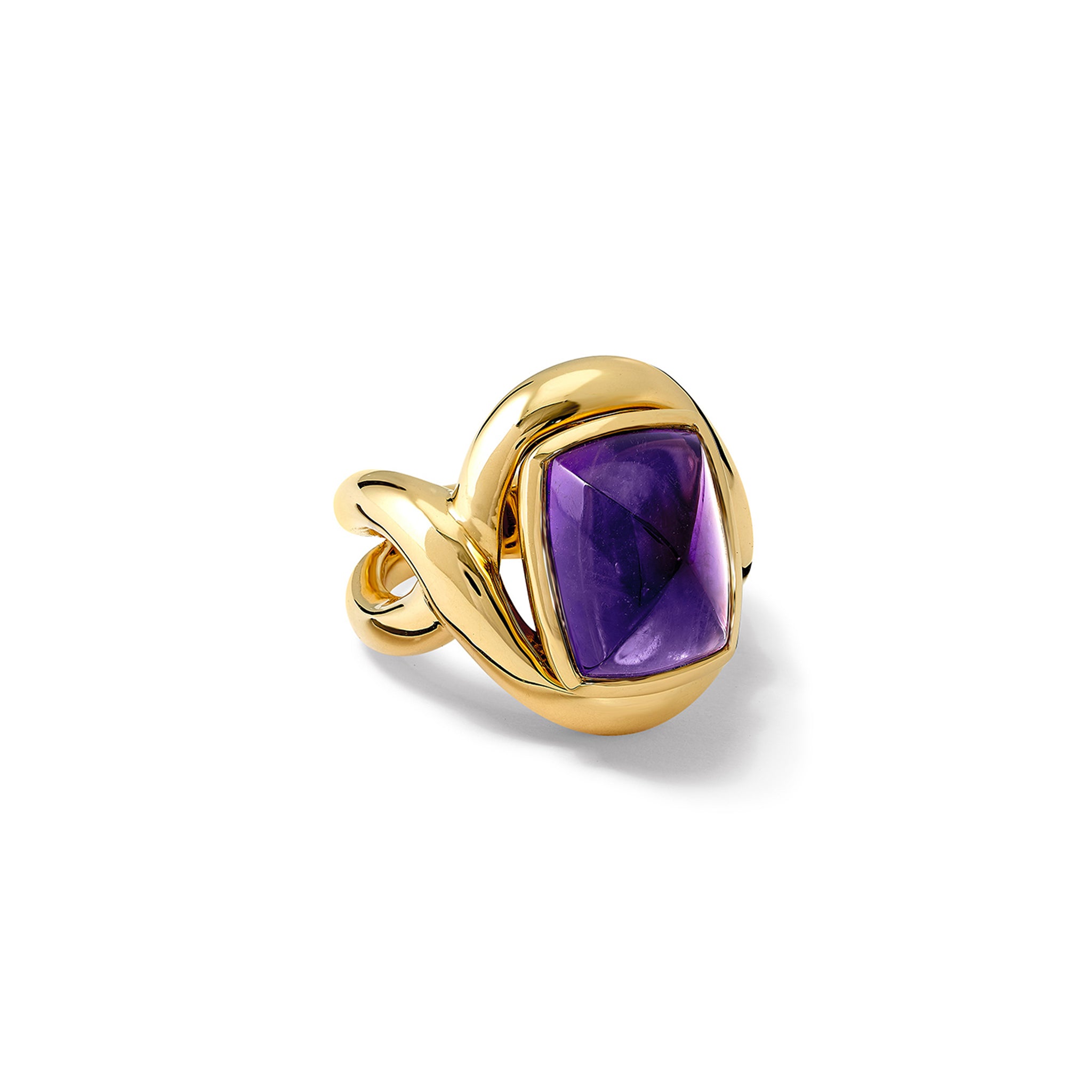 Handcrafted yellow gold ring featuring curved shanks with a cabochon amethyst, birthstone of February.