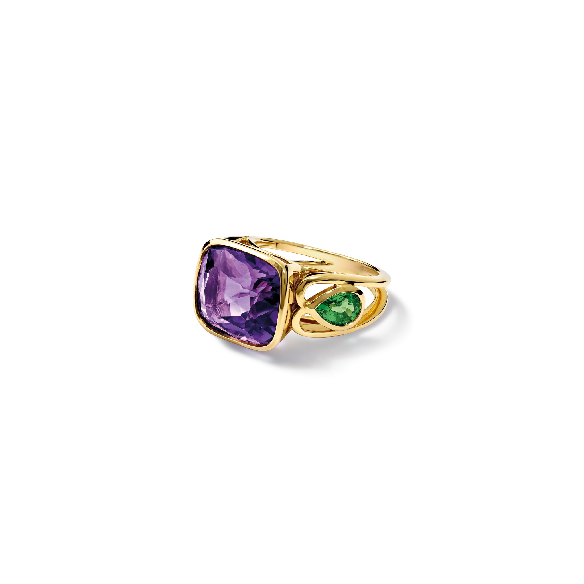 Handcrafted 18ct yellow gold ring featuring a cushion cut amethyst and teardrop shaped Tsavorite garnets.