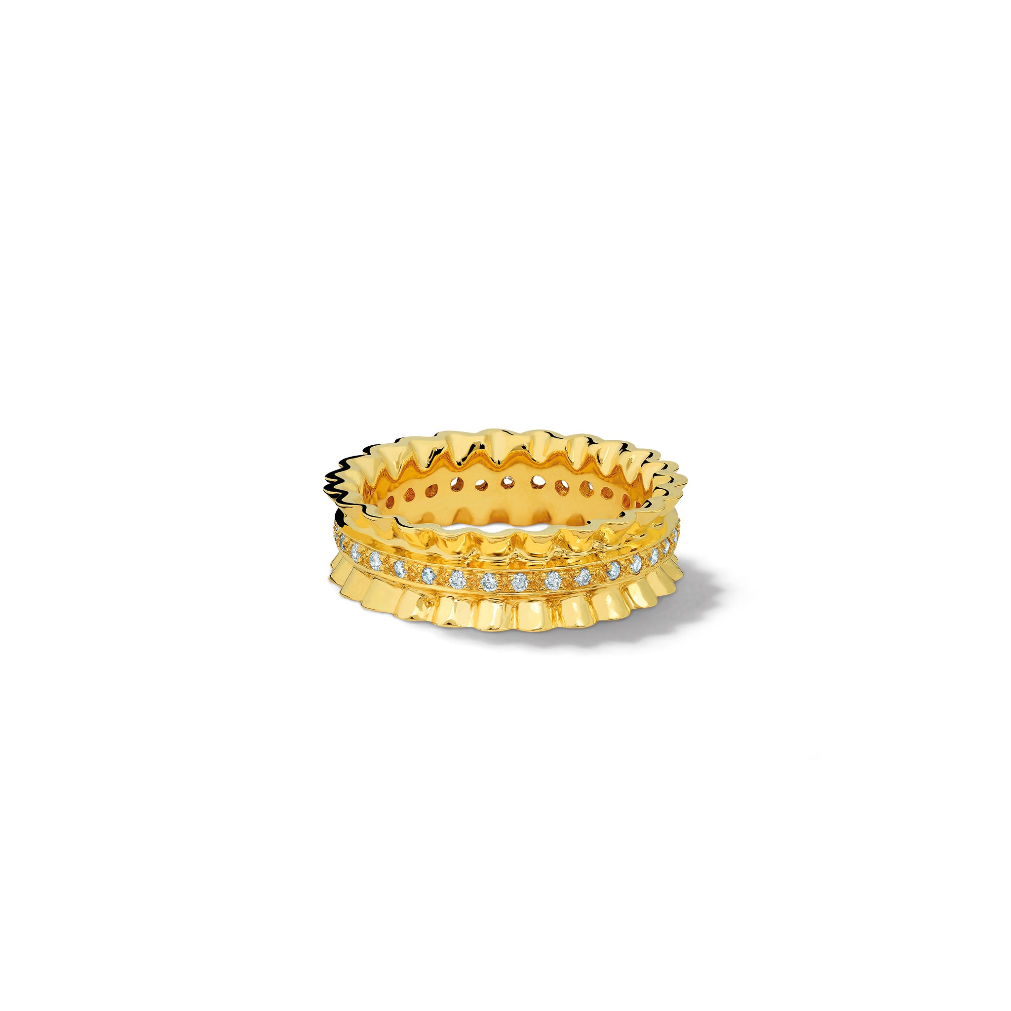 Handcrafted 18ct yellow gold ring featuring an undulating ribbon shape with diamonds.