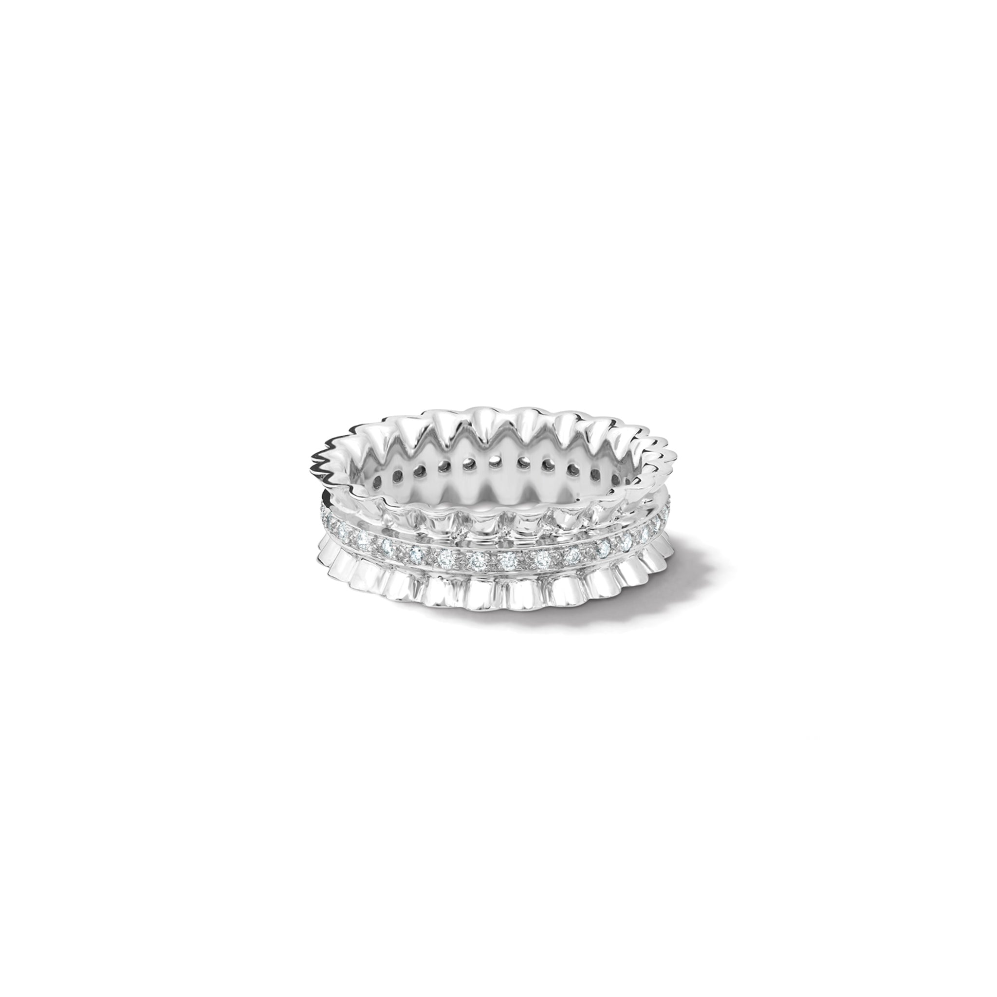 Handcrafted 18ct white gold ring featuring an undulating ribbon shape with diamonds.