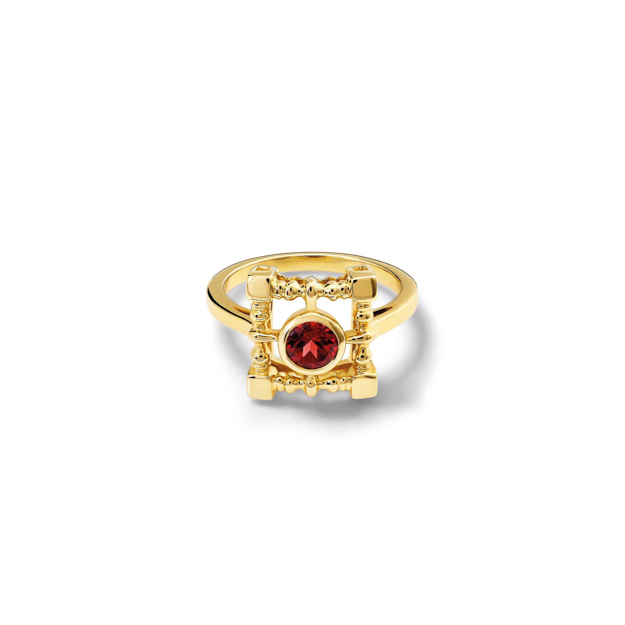 Handcrafted yellow gold ring featuring a square-shaped frame with a central garnet, birthstone of January.