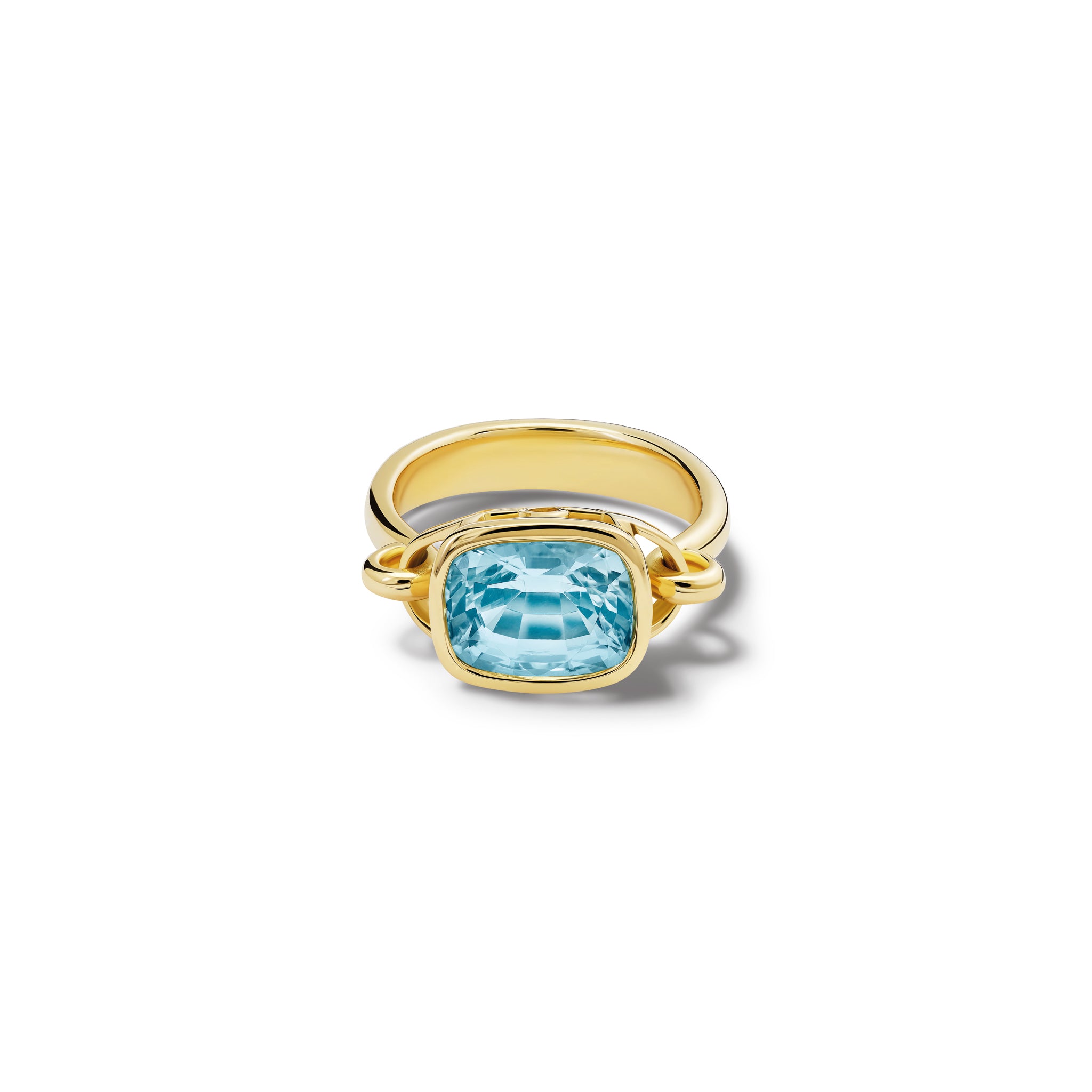 Handcrafted 18ct yellow gold ring featuring a central facetted aquamarine, birthstone of March.