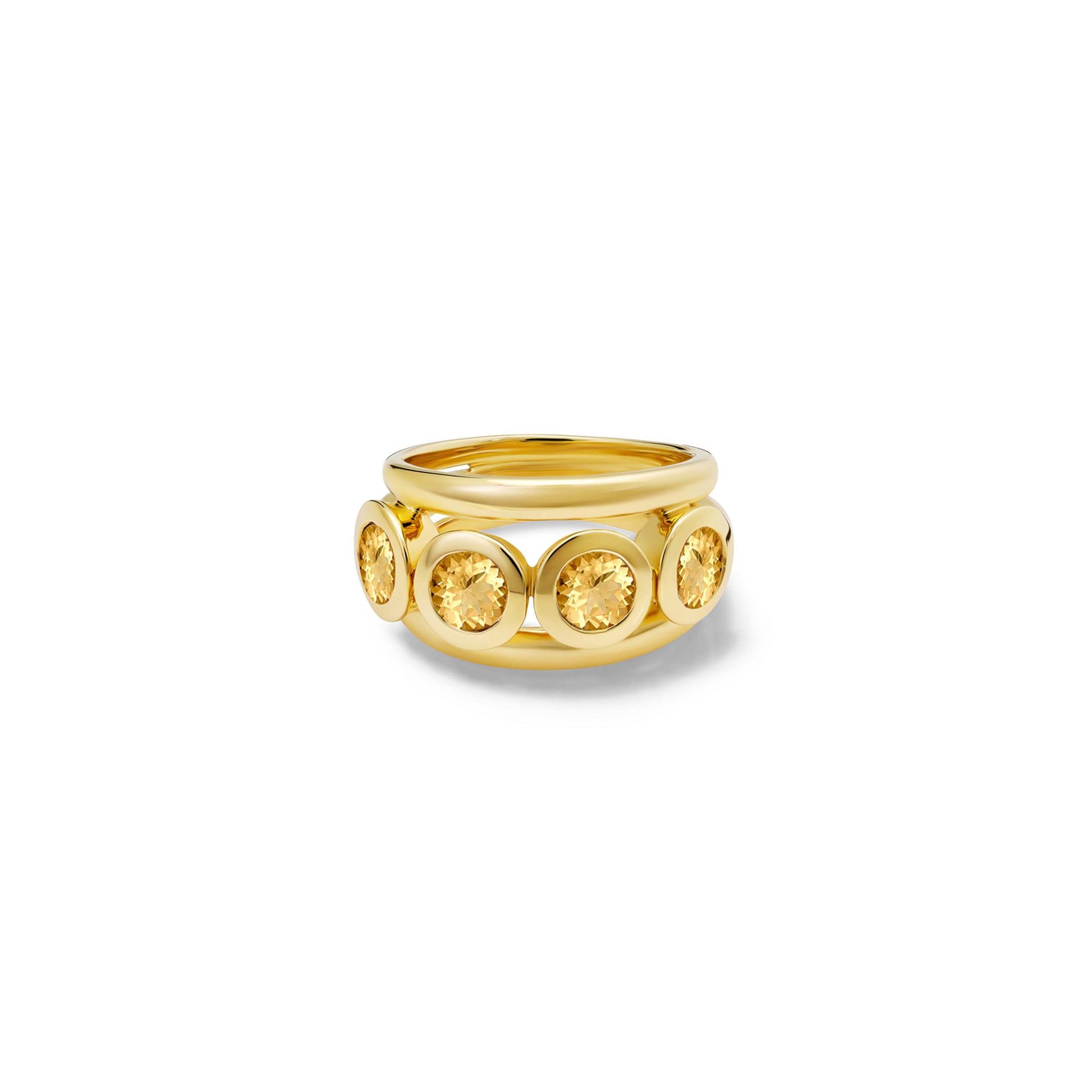 Handcrafted yellow gold ring with a bold band and five circular blue topaz gemstones, birthstone of November, in bezel settings.