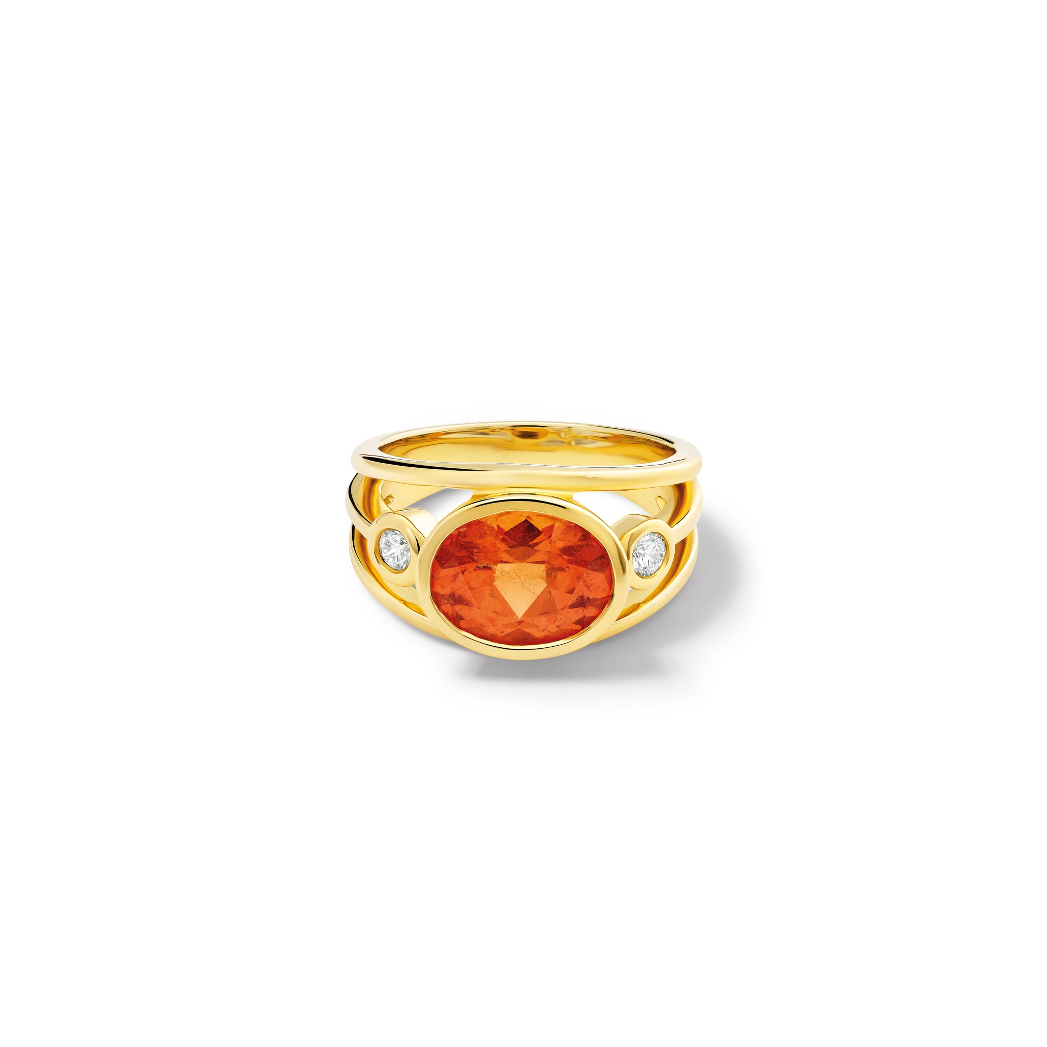 Handcrafted 18ct yellow gold ring with a central mandarin garnet, the birthstone of January, flanked by two round diamonds.