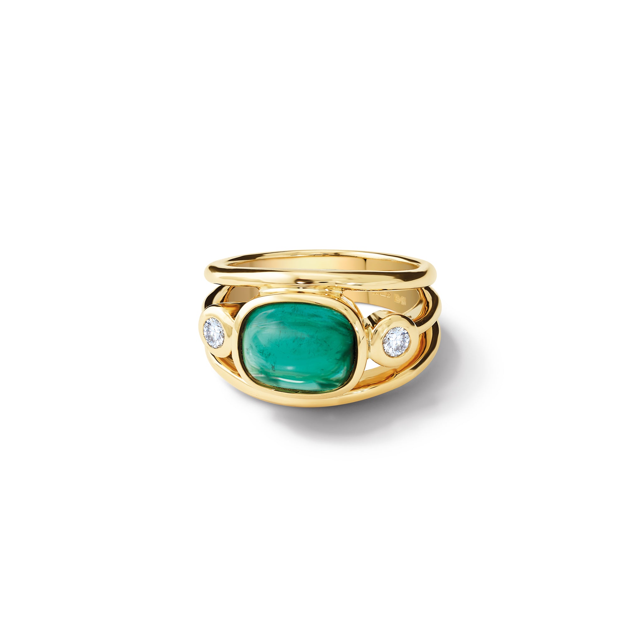 Handcrafted 18ct yellow gold ring with a central cabochon green tourmaline, the birthstone of October, flanked by two round diamonds.