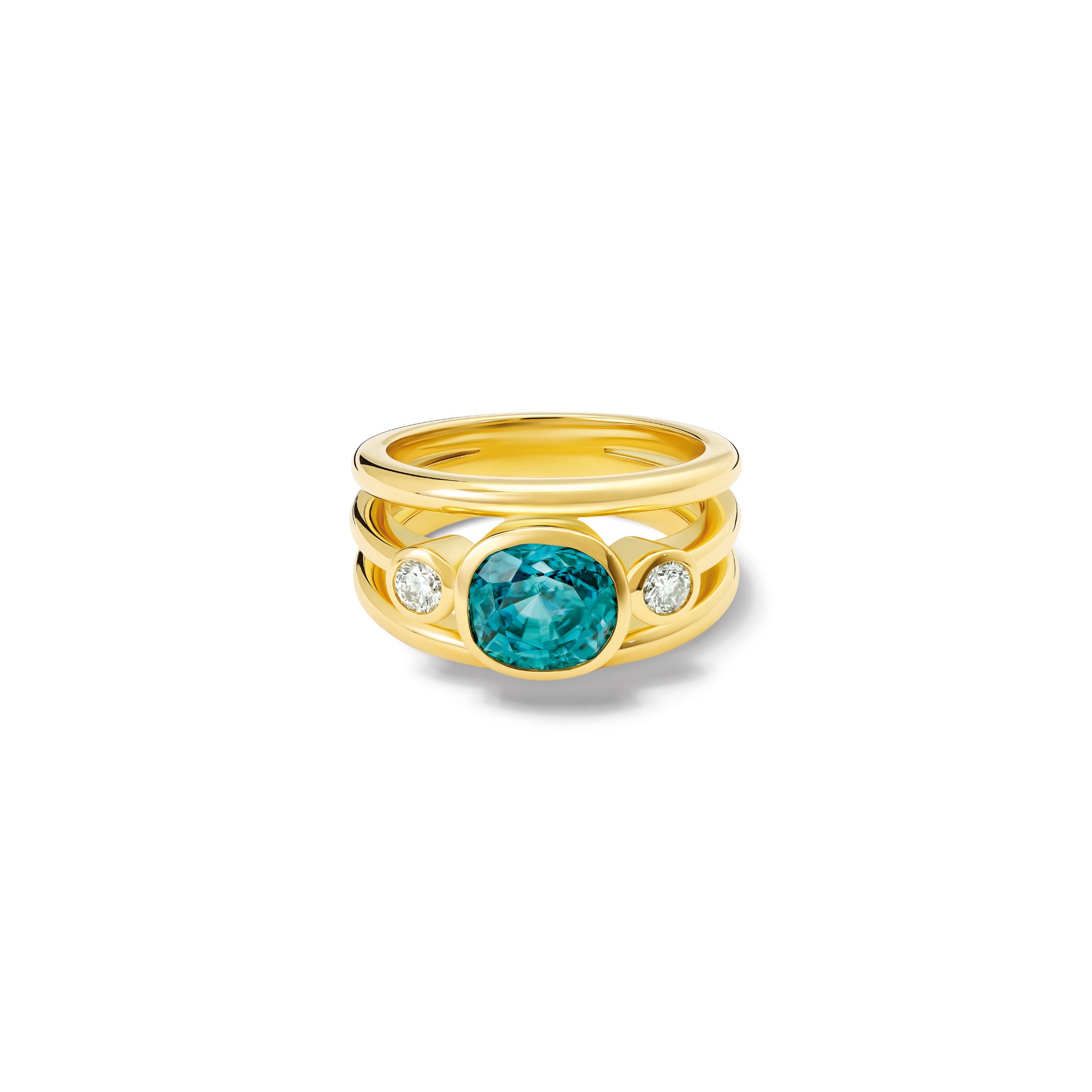 Handcrafted 18ct yellow gold ring with a central blue zircon, the birthstone of December, flanked by two round diamonds.