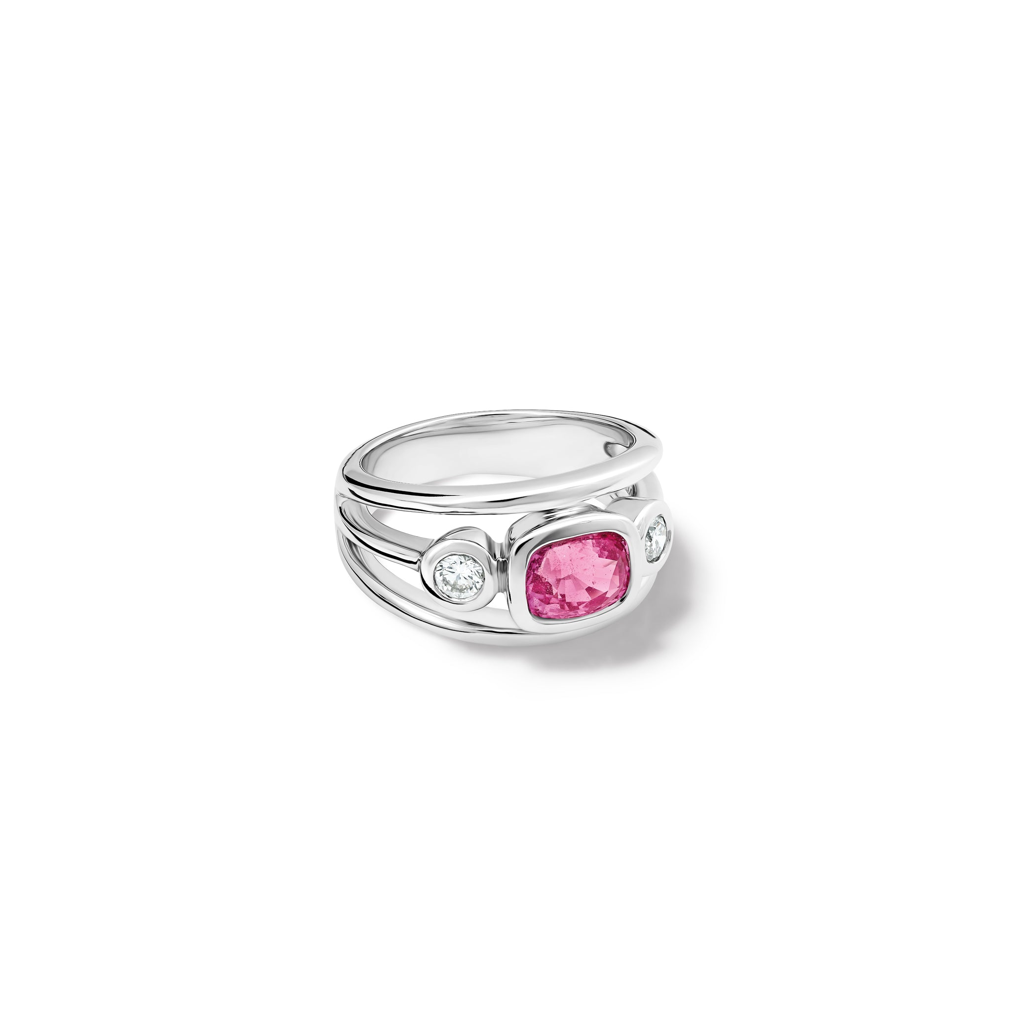 Handcrafted 18ct white gold ring with an oval pink sapphire, the birthstone of September, flanked by two round diamonds.