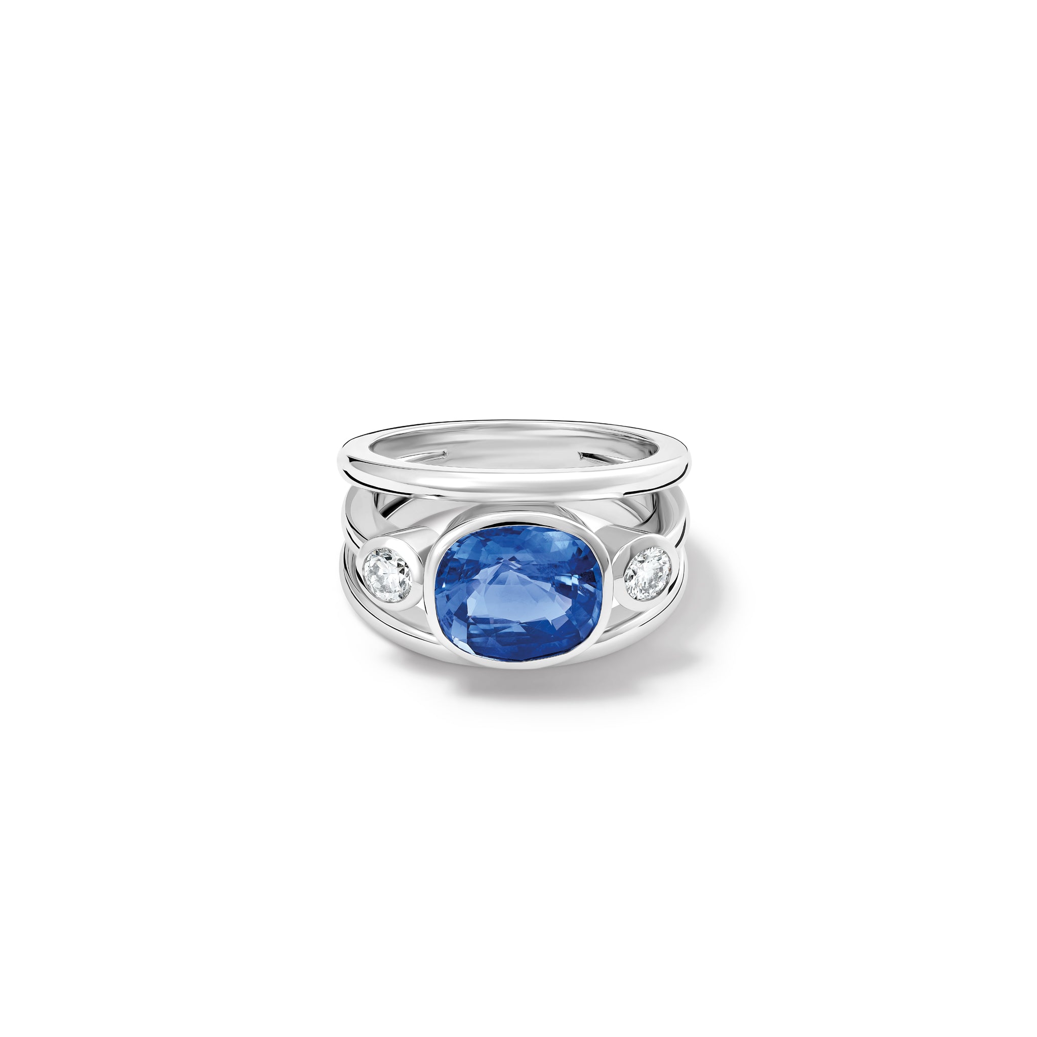 Handcrafted 18ct white gold ring with an oval sapphire, the birthstone of September, flanked by two round diamonds.
