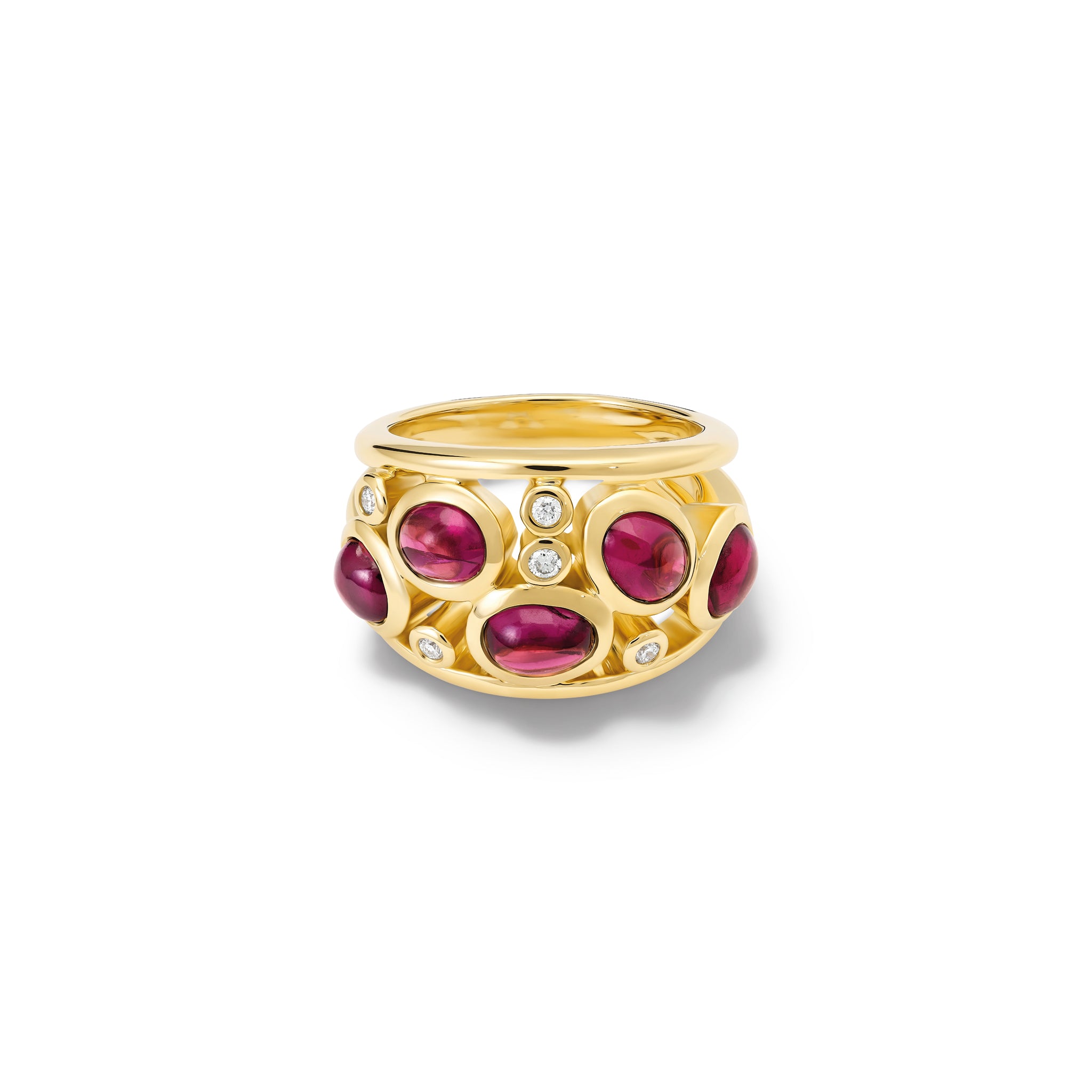 Handcrafted 18ct yellow gold ring featuring four cabochon rhodolite garnets and smaller diamonds.