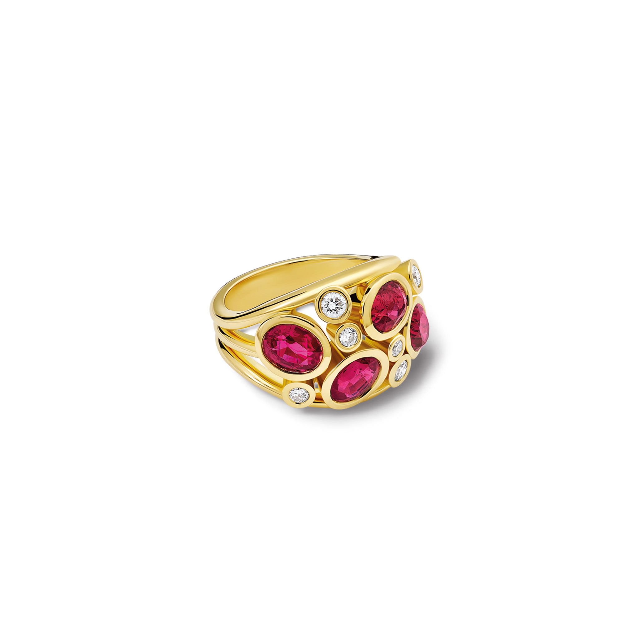 Handcrafted 18ct yellow gold ring featuring four rubies and smaller diamonds.