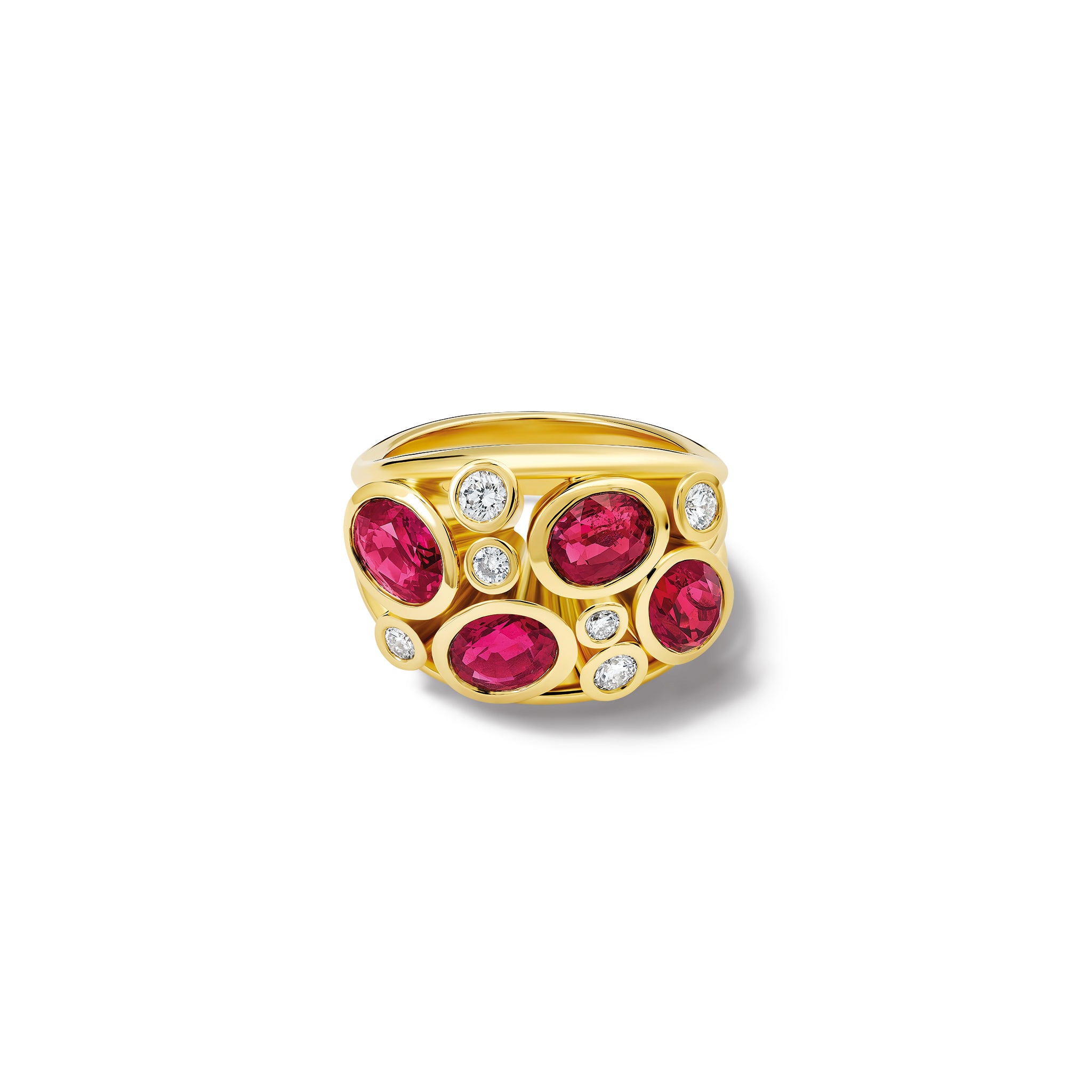 Handcrafted 18ct yellow gold ring featuring four rubies and smaller diamonds.