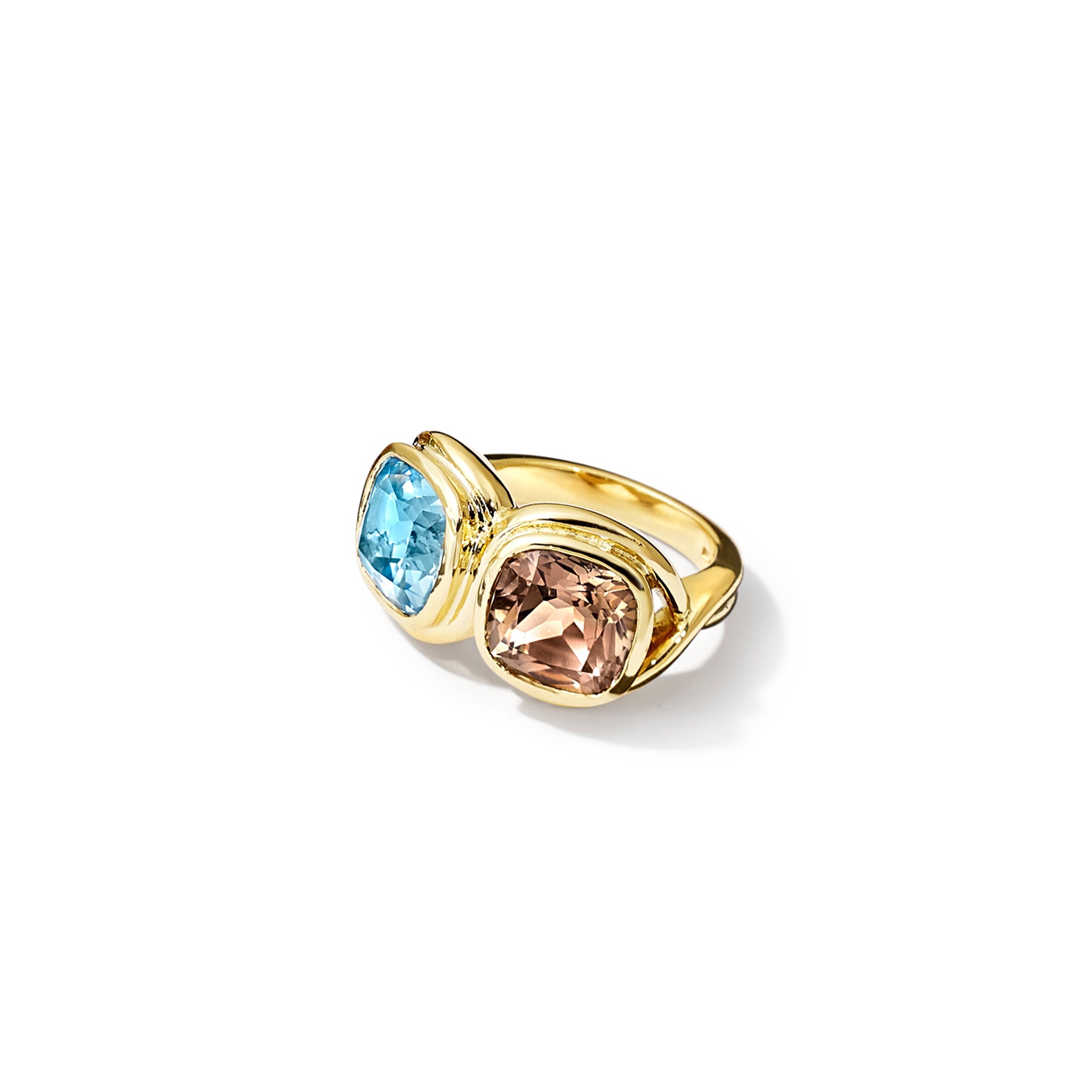 Handcrafted 18ct yellow gold ring featuring a cushion-cut blue topaz on the left and a cushion-cut smoky quartz on the right.